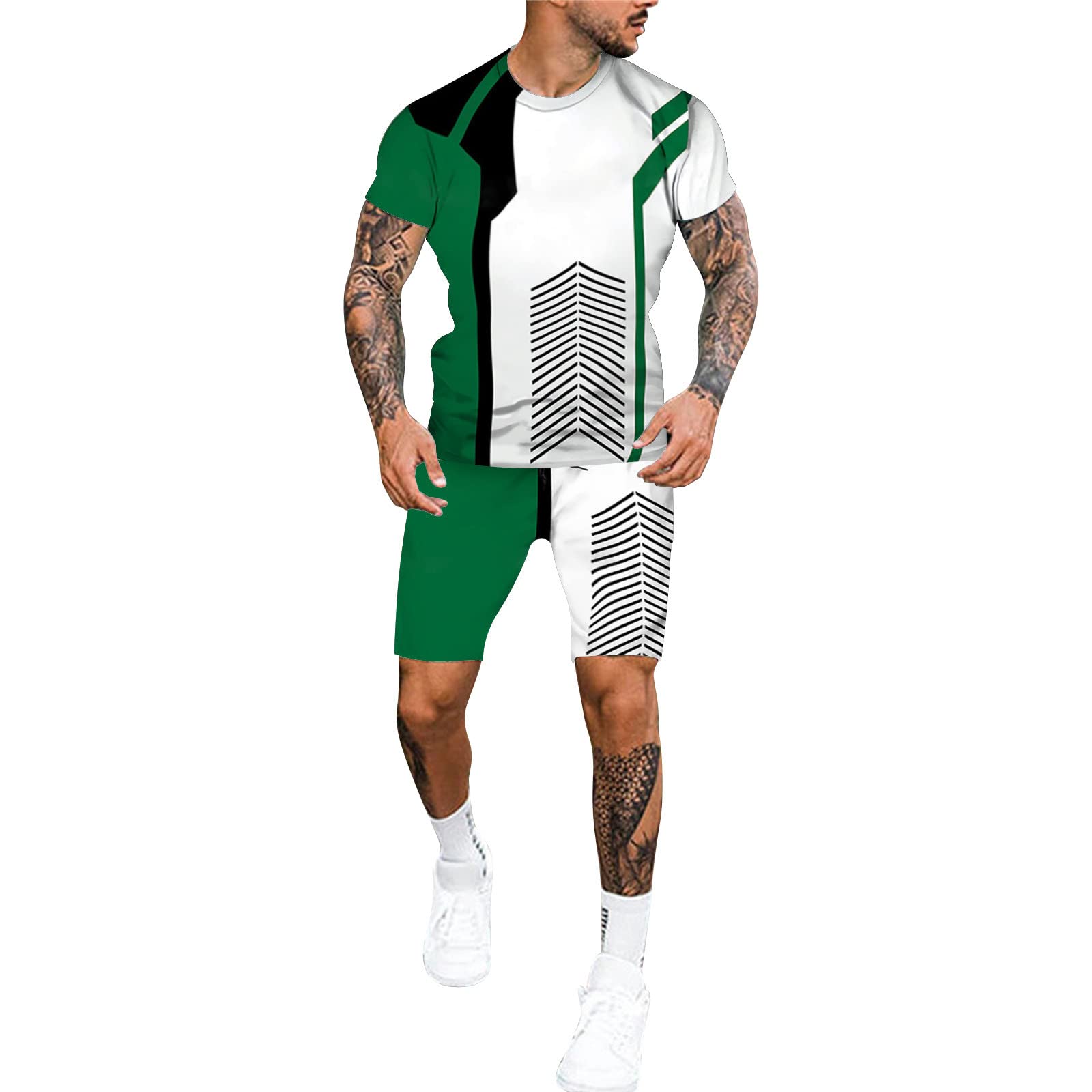 Men's Fashion Casual Two-Piece Suit Set - Colorblock V-Neck Henley Short Sleeve Shirt & Stretch Pants | Summer Outfits, Sportswear & Thanksgiving Outfits for Men