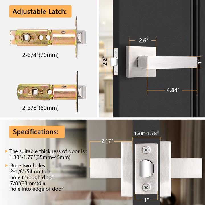 Probrico 6 Pack Satin Nickel Square Door Levers - Heavy Duty Interior Non-Locking Passage Door Handles for Hall & Closet | Keyless Entry Leversets | Perfect for Bedrooms, Bathrooms & Storage Rooms