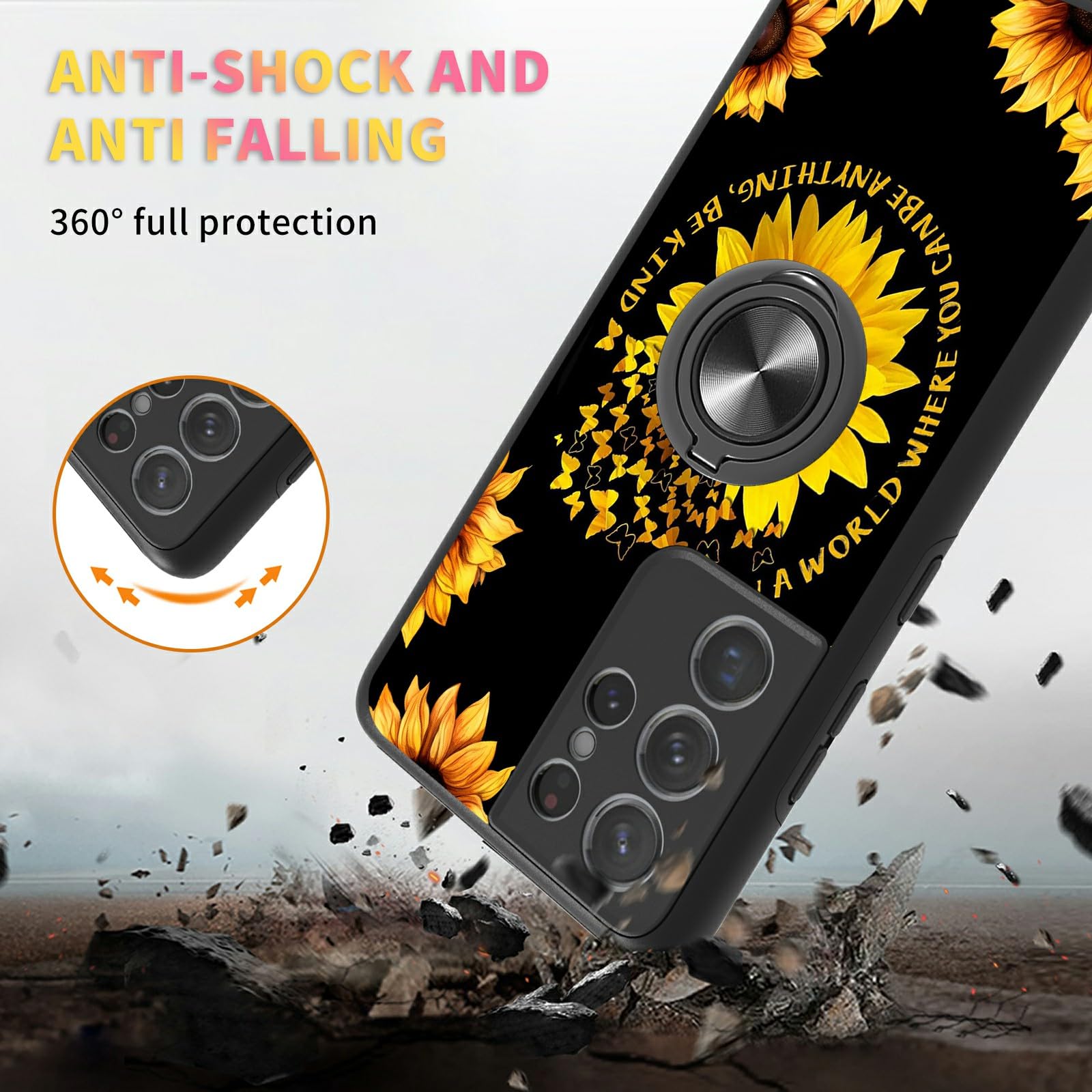 Shockproof Full-Body Protective Case for Samsung Galaxy S21 Ultra with Magnetic Ring Holder - Lightweight Rugged Phone Cover & Car Mount Accessory (Sunflower Butterfly Design) - Perfect for Driving, Outdoor Activities and Daily Protection