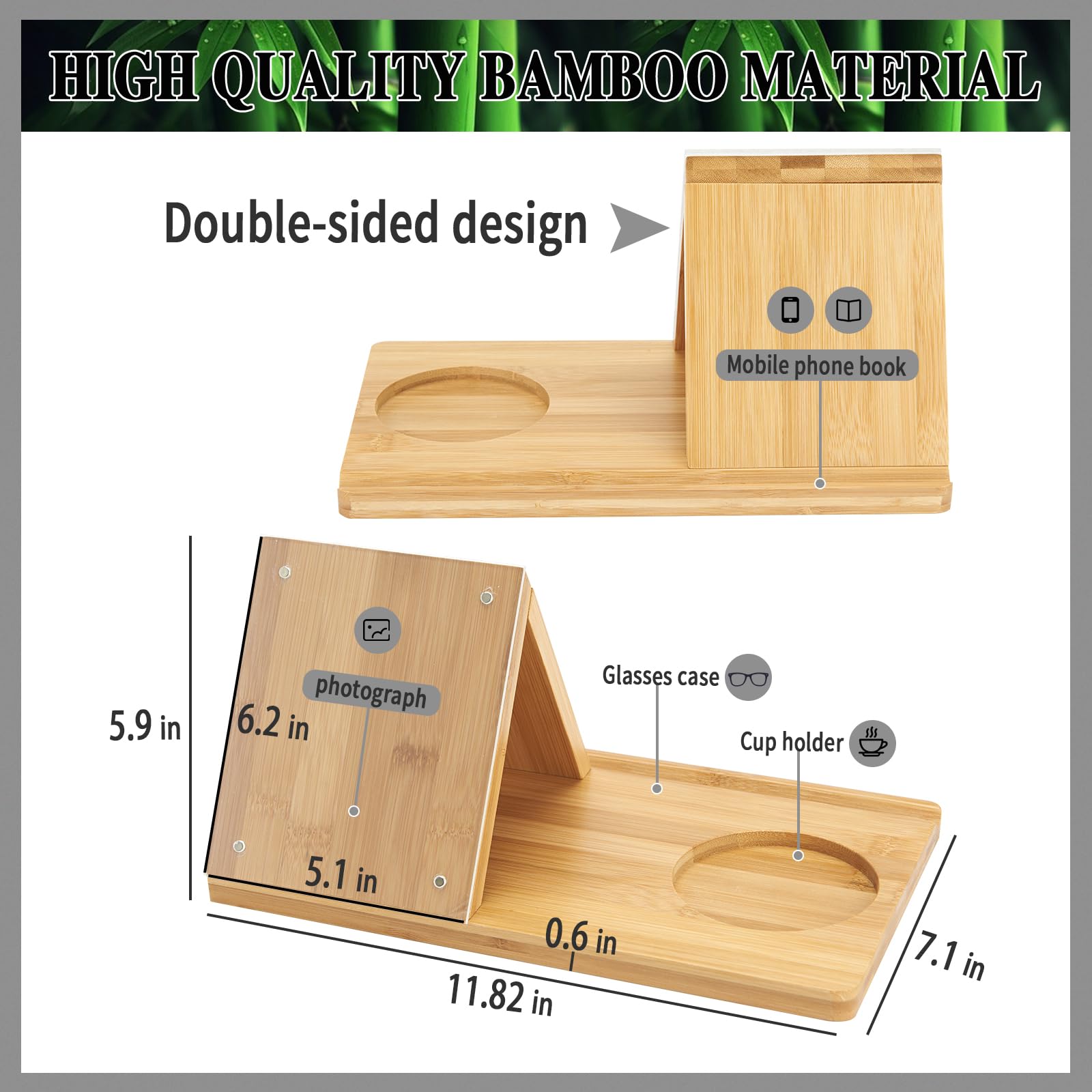 Bamboo Book Holder Stand with Acrylic Picture Frame - Adjustable Book Rest with Cup Holder for Reading - Perfect Tablet & Kindle Stand - Ideal Gift for Book Lovers - Great for Home, Office & Library Use