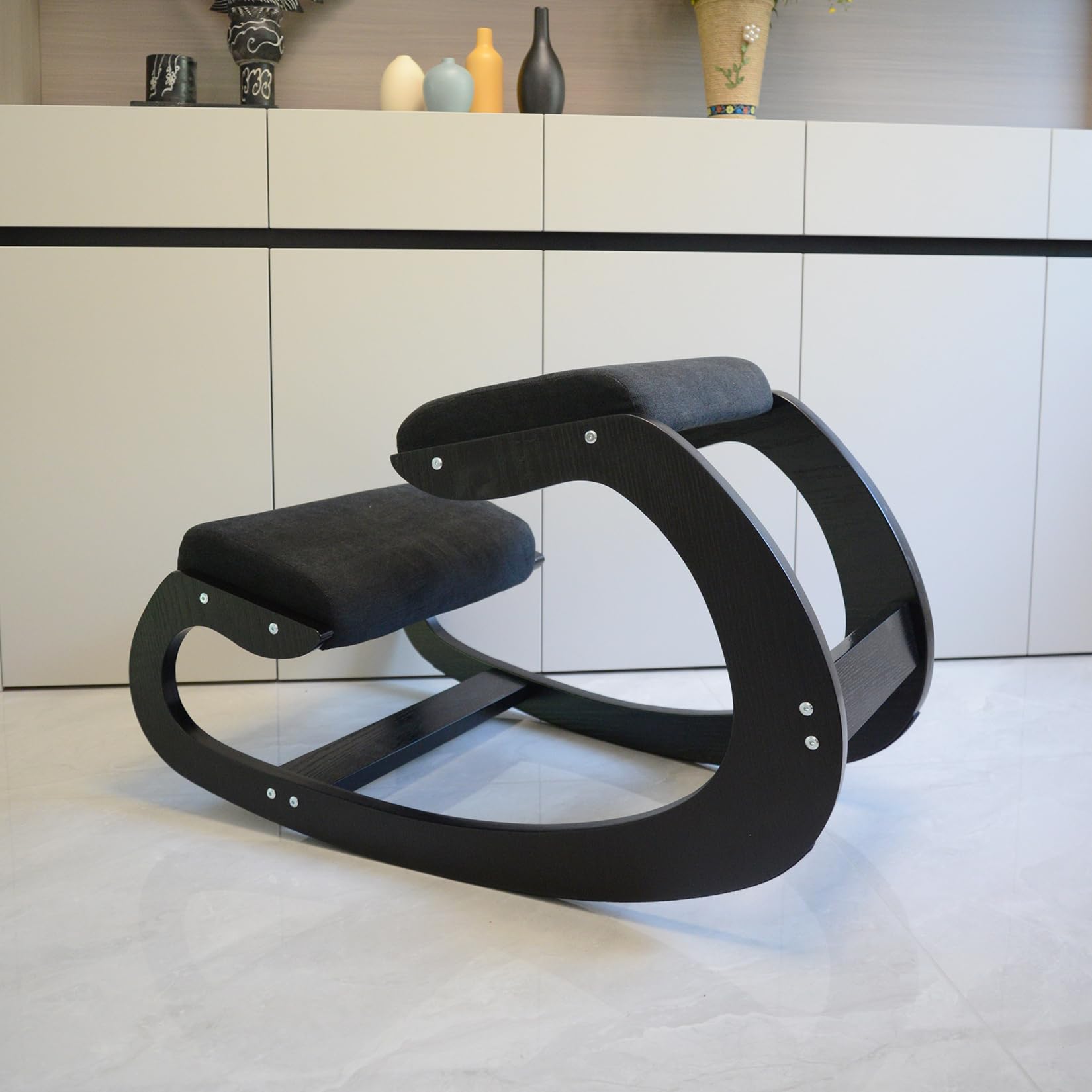 Ergonomic Kneeling Chair with Comfort Cushion - Adjustable Wooden Rocking Seat for Back Pain Relief & Posture Correction - Ideal for Home Office, Meditation, and Reading Nook