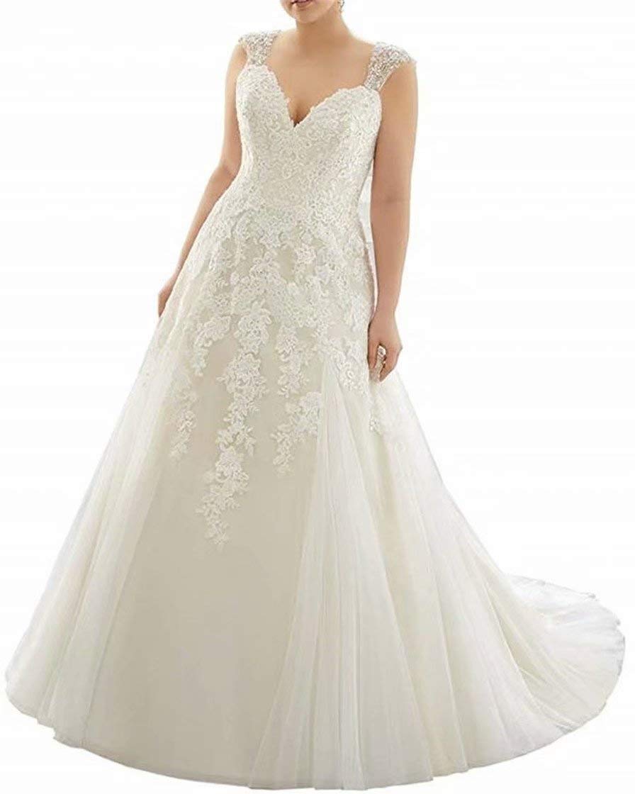 HellodayZ Plus Size V-Neck Lace Applique Wedding Dress for Women – Elegant Beaded Bridal Gown for Bride (Perfect for Beach, Church & Outdoor Ceremonies)