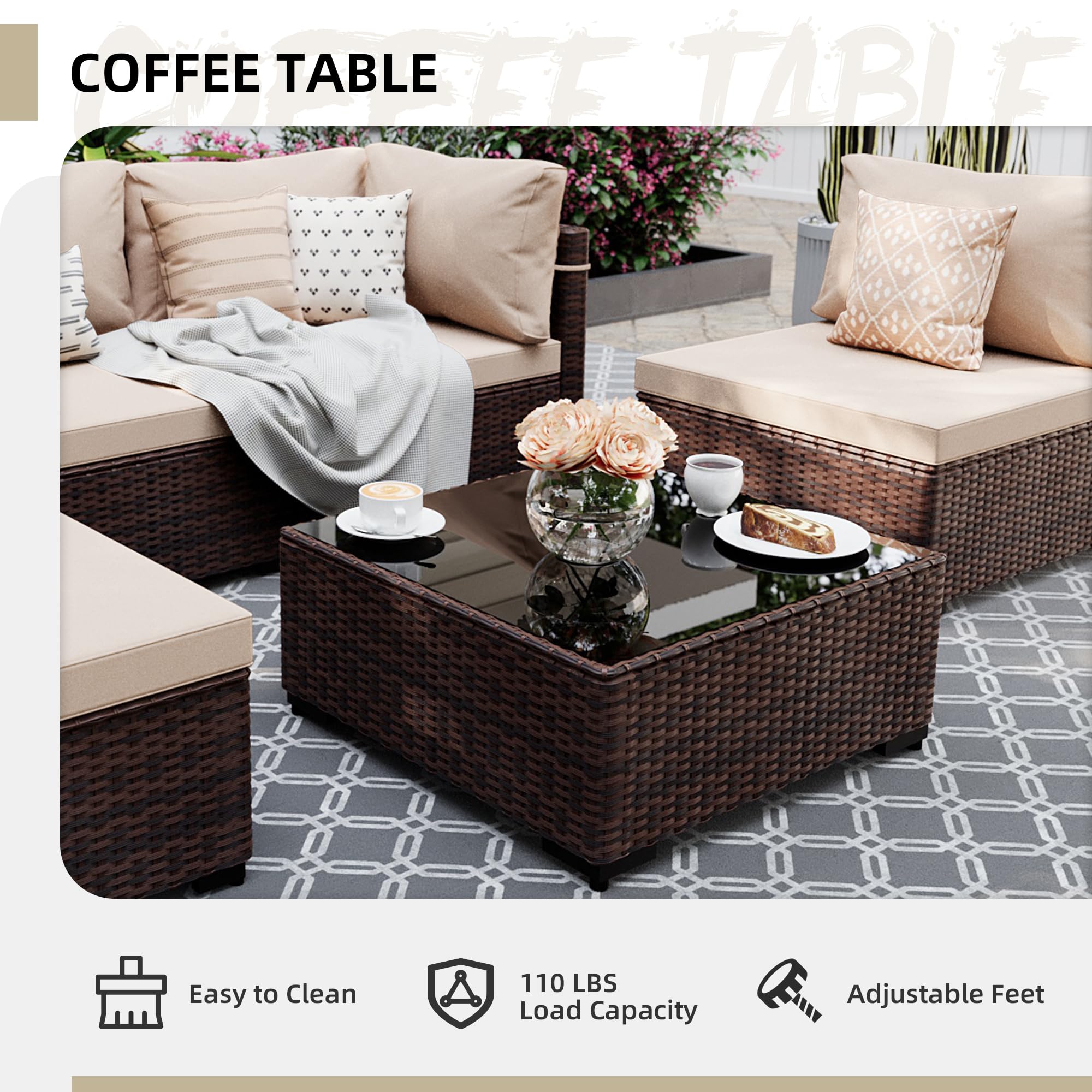 5-Piece Outdoor Patio Furniture Set - Brown Rattan Wicker Sectional Sofa with Beige Cushions for Deck, Backyard, Garden | Durable All-Weather Conversation Set for Relaxing & Entertaining Outdoors