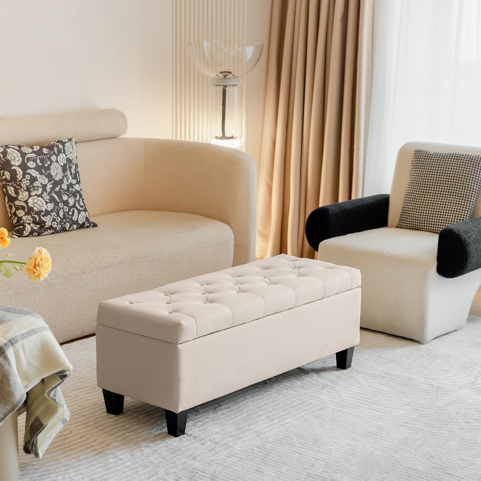 Redlife Storage Ottoman Bench with Solid Wood Legs & Safety Hinge - 330 LBS Capacity, Button Tufted Fabric Upholstered Chest - Multi-Functional Footrest, Seat & Hidden Storage for Bedroom, Living Room, Entryway (Beige) | Perfect for Small Space Organization & Extra Seating