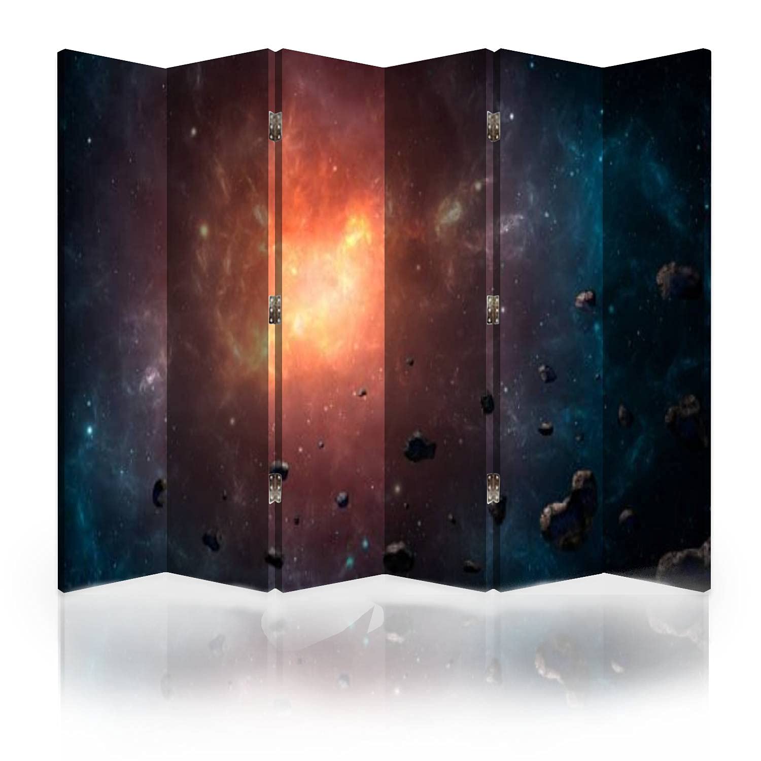 6-Panel Canvas Room Divider Screen - Blue & Orange Nebula Space Scene with Asteroids | Folding Privacy Partition Wall Separator for Bedroom, Office & Living Room