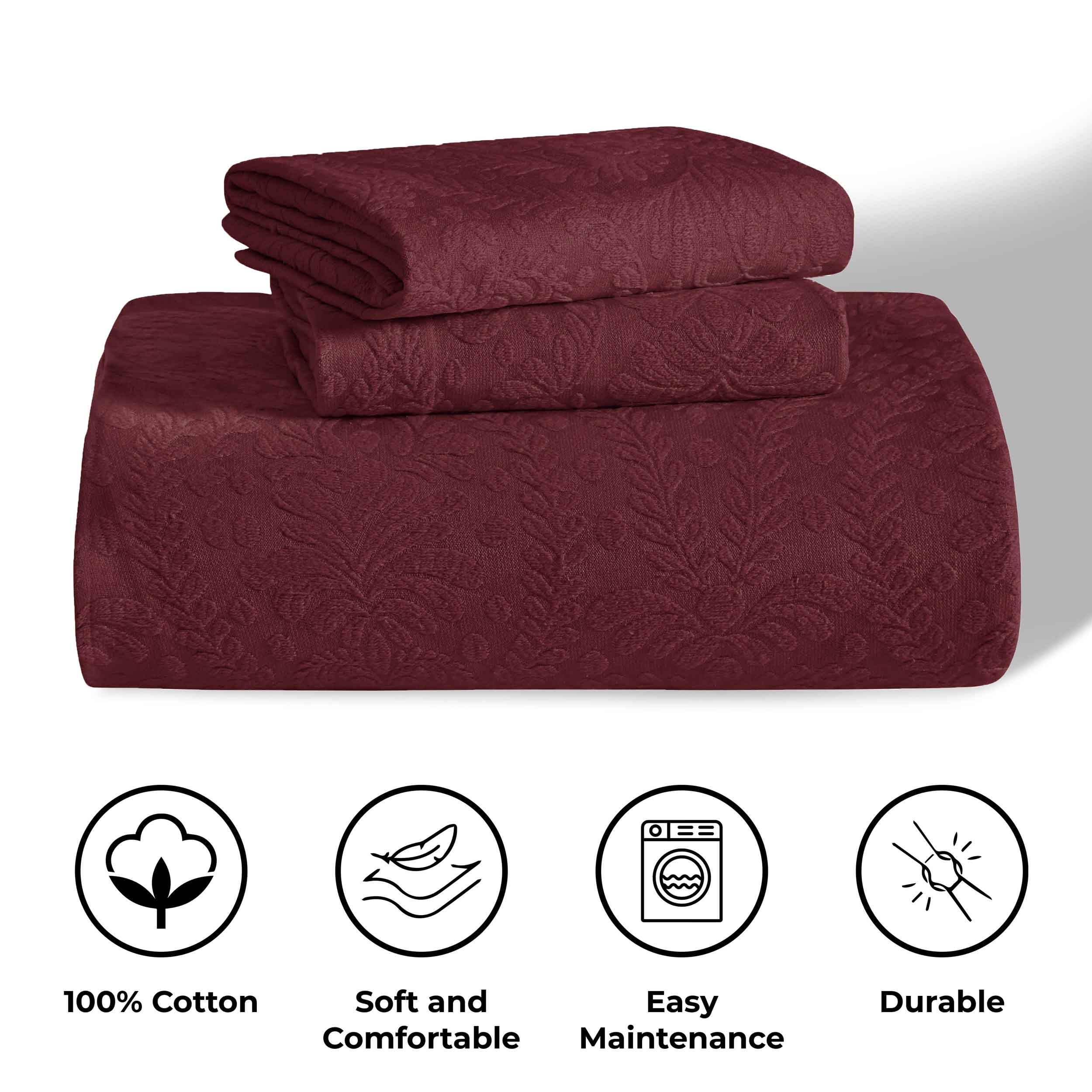 Premium Aspen Cotton Blend Jacquard Woven Floral Bedspread Set with Scalloped Edges - Queen Size Luxury Bedding for Master Bedroom & Guest Room Decor