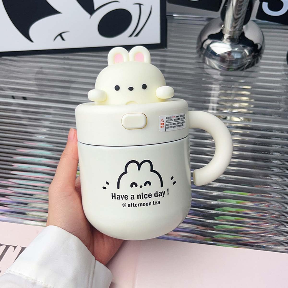 Cute Bunny Bear Stainless Steel Double Walled Vacuum Insulated 530ml Leak Proof Straw Tumbler with Lid - Perfect for Kids, Travel, Office & Outdoor Activities (White)