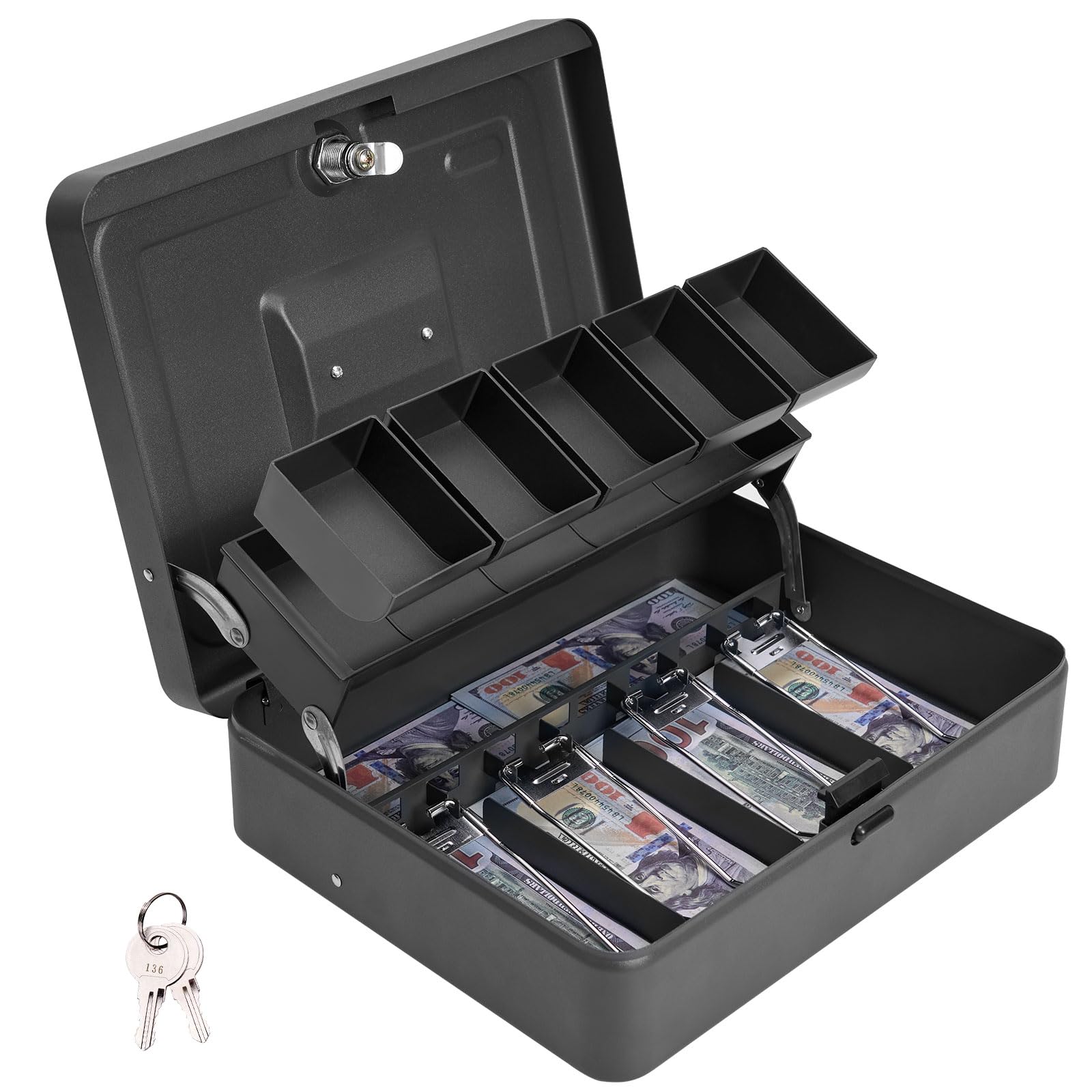 Durable Metal Cash Box with Lock & Key - 4 Bill & 5 Coin Slots, Cantilever Design - Secure Money Storage for Retail, Home & Office Use