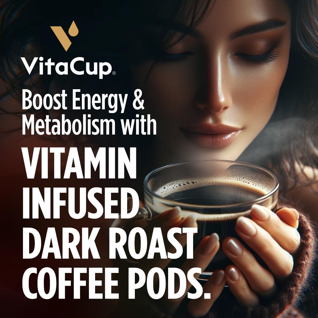 VitaCup Energy Dark Roast Coffee Pods - 64 Count | 100% Arabica with B Vitamins & Antioxidants | Boosts Focus & Metabolism | Bold & Smooth Flavor | Recyclable K-Cup Compatible with Keurig | Perfect for Home, Office or On-the-Go Brewing