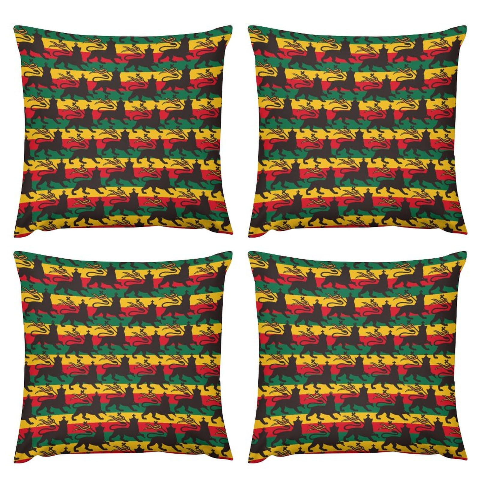 Rastafarian Flag Lion Plush Pillow Covers - Soft 20x20 Inch Cushion Cases for Sofa & Bed (Set of 4) - Perfect for Home Decor, Reggae Themed Rooms & Cultural Displays