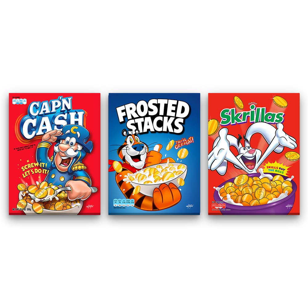 Inktuitive 'Breakfast of Champions Set' Motivational Wall Art - Funny Cereal Canvas Print - Inspirational Décor for Bedroom, Living Room & Office - 16x12 Inches - Perfect for Home, Office & Gifts