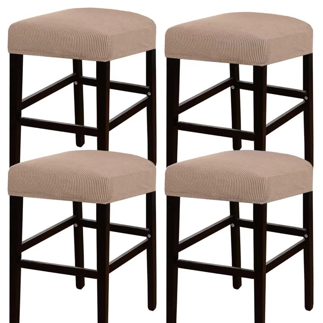 ANWUCHEN 4-Pack Elastic Rectangle Bar Stool Covers - Jacquard Stretchable Vanity & Counter Stool Slipcovers for Wooden/Metal Benches (Khaki) - Perfect for Kitchen, Dining Room, Bar & Home Decor