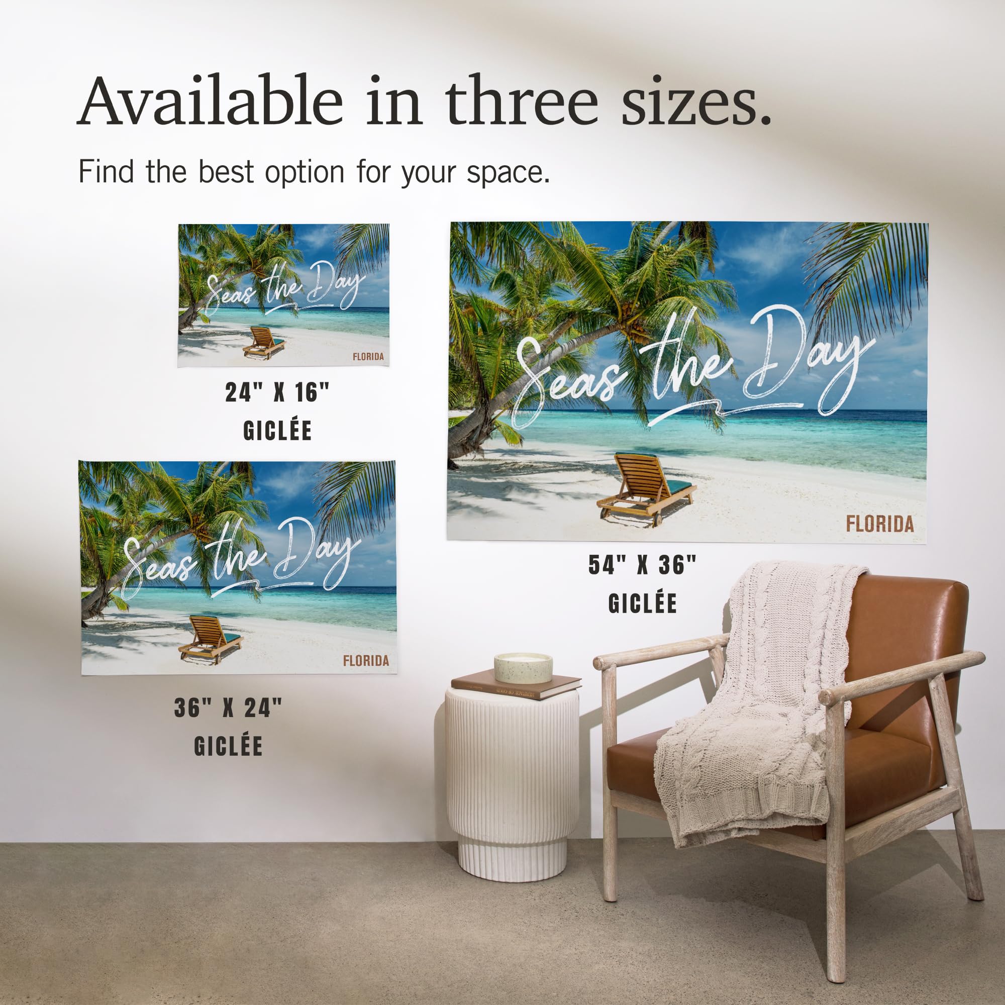 Lantern Press 36x54 Inch Giclee Art Print - Florida Beach Scene 'Seas the Day' with Lounger & Palm Trees - Coastal Wall Decor for Living Room, Bedroom or Office