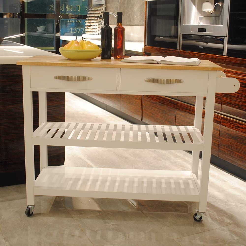 White Rolling Kitchen Island Cart with Storage, Drawers & Cabinets - Mobile Kitchen Cart with Lockable Casters & Adjustable Shelves - Perfect for Small Kitchens, Apartments & Food Prep Stations (A7-White)