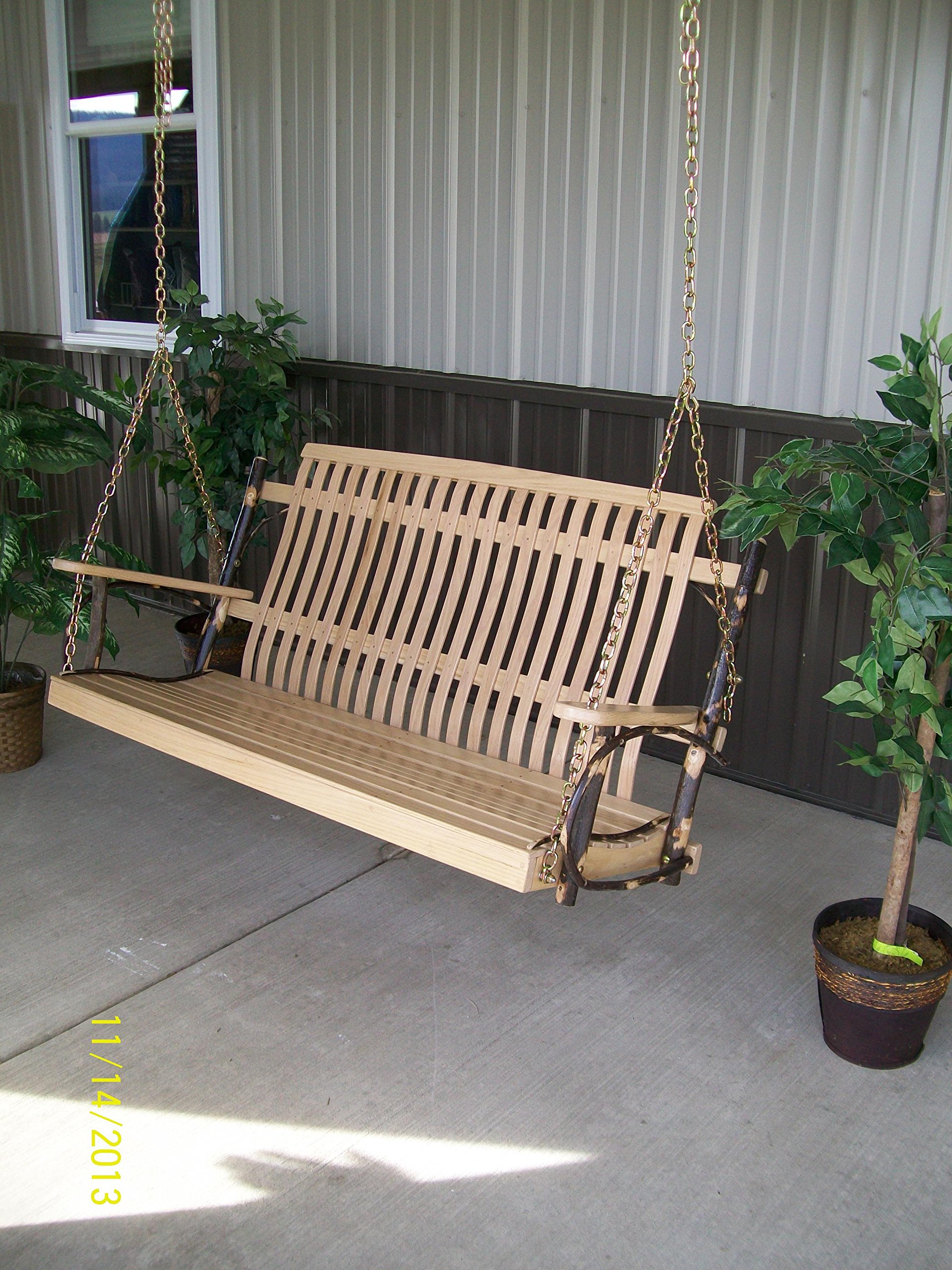 A & L Furniture Hickory Porch Swing with Chains - Natural Finish Stain for Outdoor Relaxation, Garden, Patio, and Backyard Decor