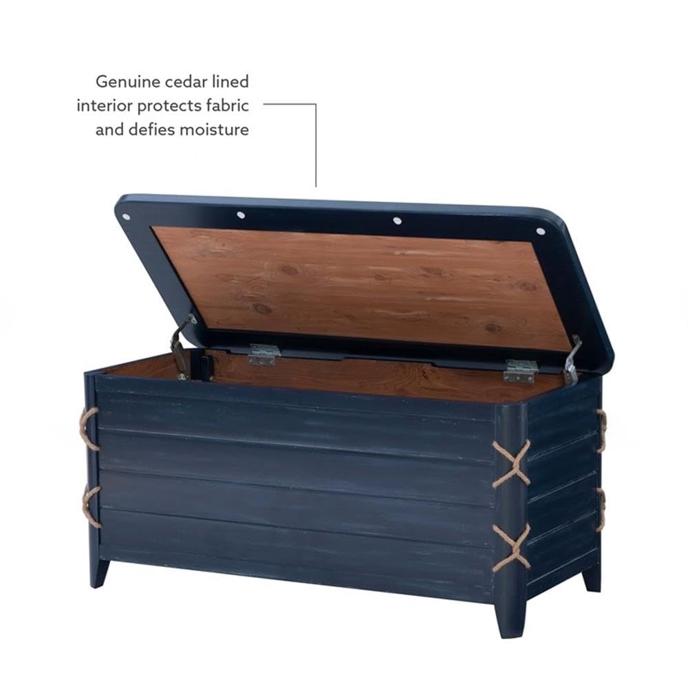 Linon Zana Blue Distressed Wood Cedar Lined Storage Chest with Rope Detail - Perfect for Bedroom Closet Organization & Blanket Storage