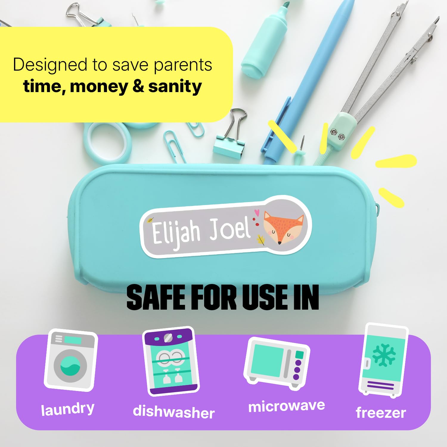 Label Daddy - Personalized Waterproof Name Stickers for Boys, Custom Kids Labels for School & Daycare - Fox Design (90 Count) - Perfect for Labeling Lunchboxes, Water Bottles, Books & Backpacks