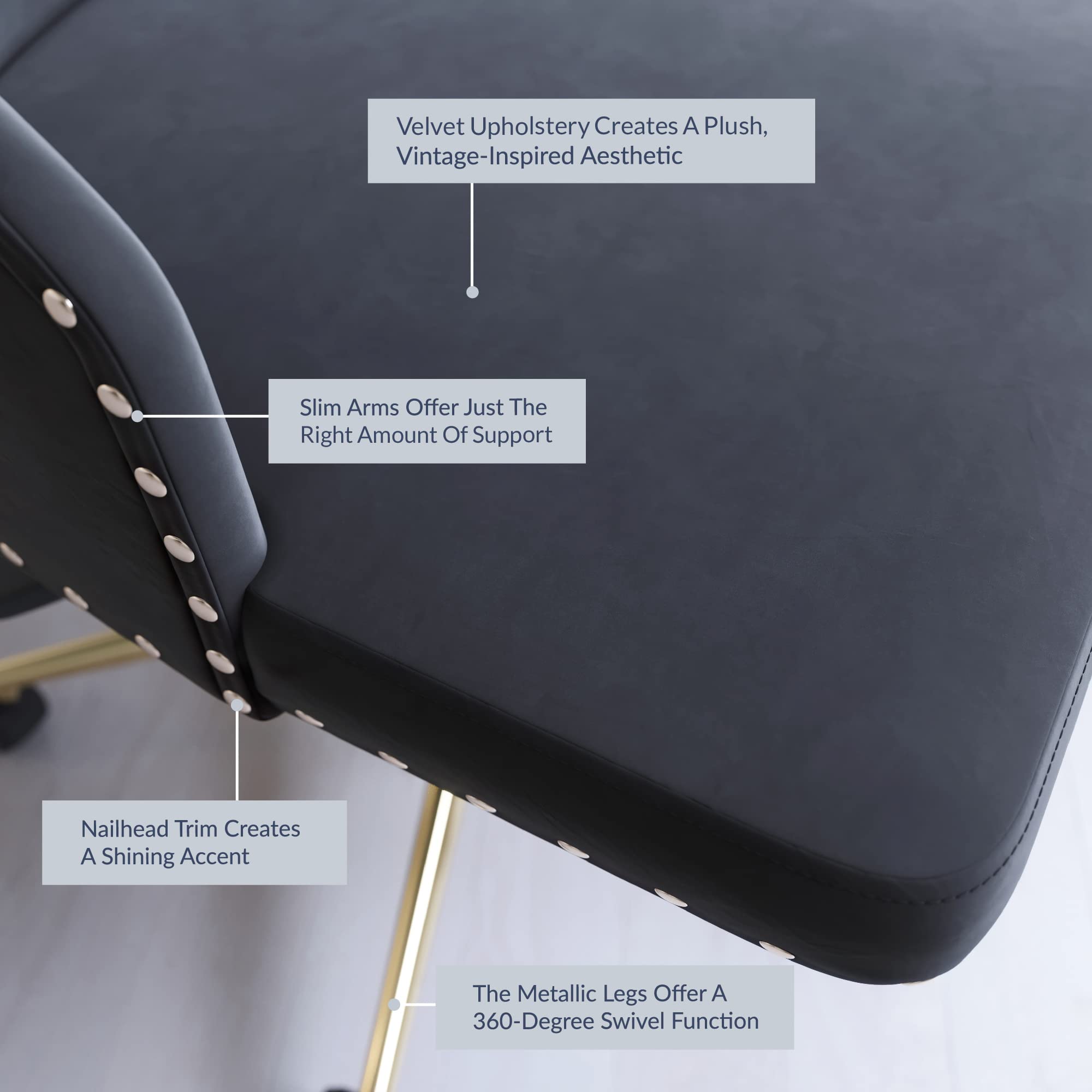 BELLEZE Modern Velvet Desk Chair - Adjustable Height Swivel Office Chair with Tufted Upholstered Seat & Slim Arms - Rolling Wheels for Home Office, Bedroom Vanity or Study Room - Belden (Black) - Perfect for Remote Work, Gaming & Makeup Station
