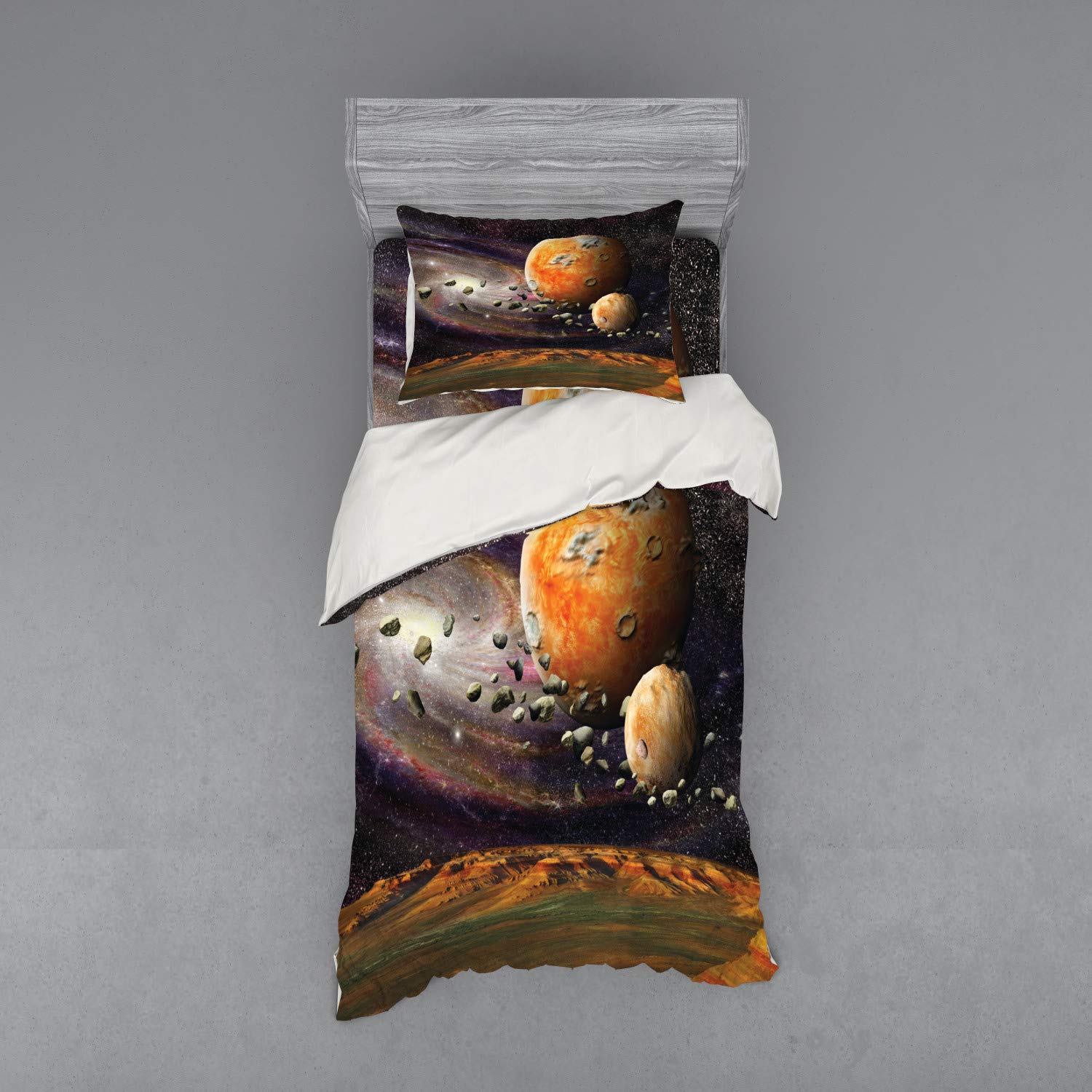 Ambesonne Galaxy Bedding Set - Twin Size 3-Piece Duvet Cover Set with Sham & Fitted Sheet, Universe Outer Space Design with Planets, Stars & Deep Sky Objects in Green Purple Yellow White - Perfect for Astronomy Lovers & Space-Themed Bedrooms