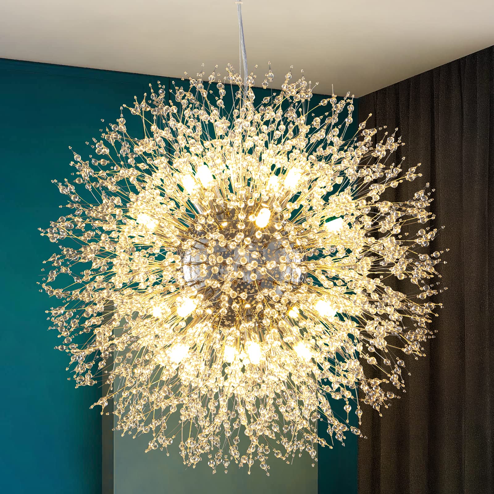 Modern Firework Dandelion Sputnik Chandelier - 16-Light Crystal Chrome Pendant Lighting Fixture for Kitchen Island, Dining Room, Bedroom & Living Room - Elegant Ceiling Decor for Home & Restaurant Lighting