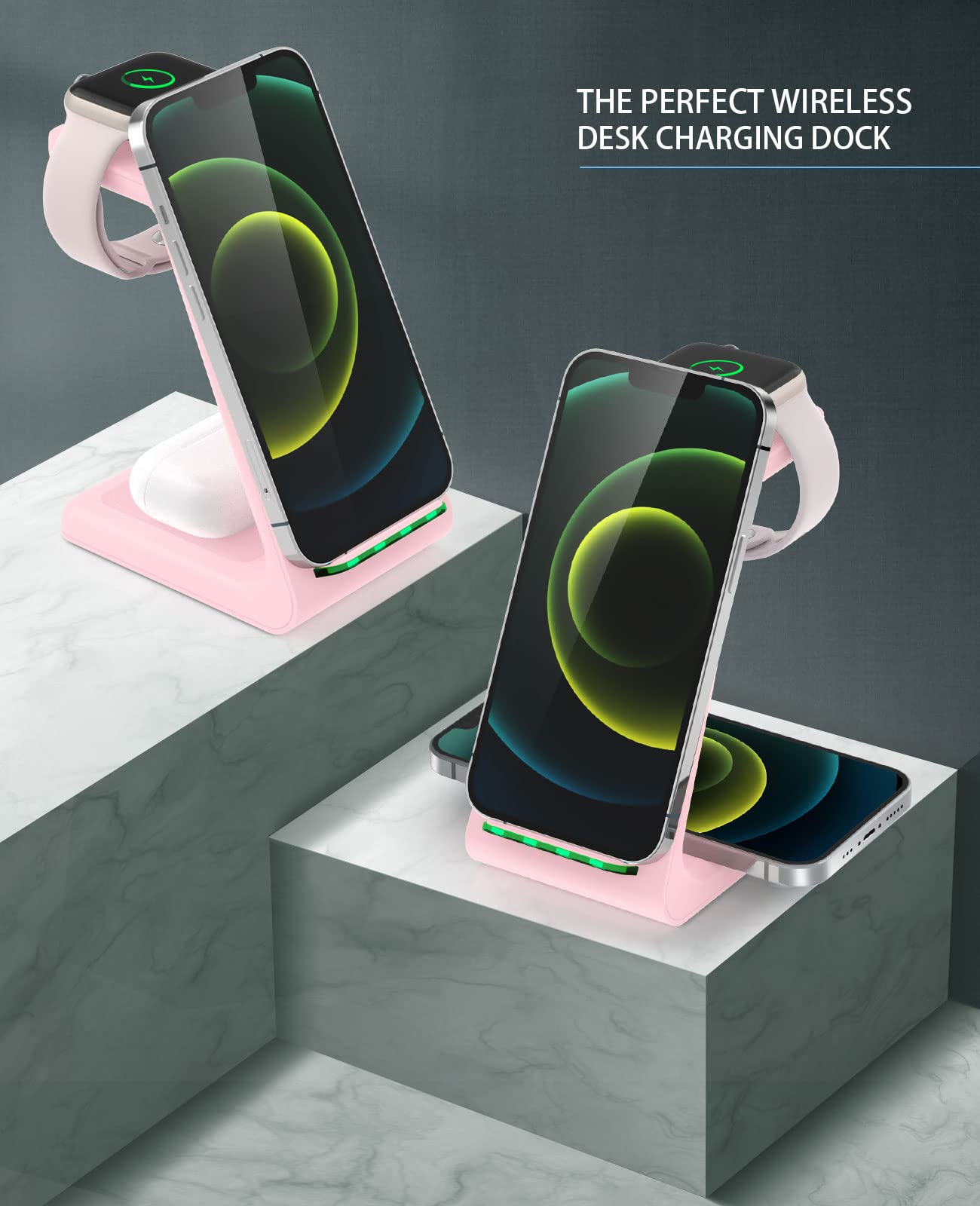 3-in-1 Fast Wireless Charging Station for iPhone 15/14/13/12/11 Pro Max/X/Xs/8 Plus, AirPods Pro/3/2 & Apple Watch Series Ultra/9/8/7/SE - Pink | Multi-Device Desk Charger Stand for Home, Office & Nightstand