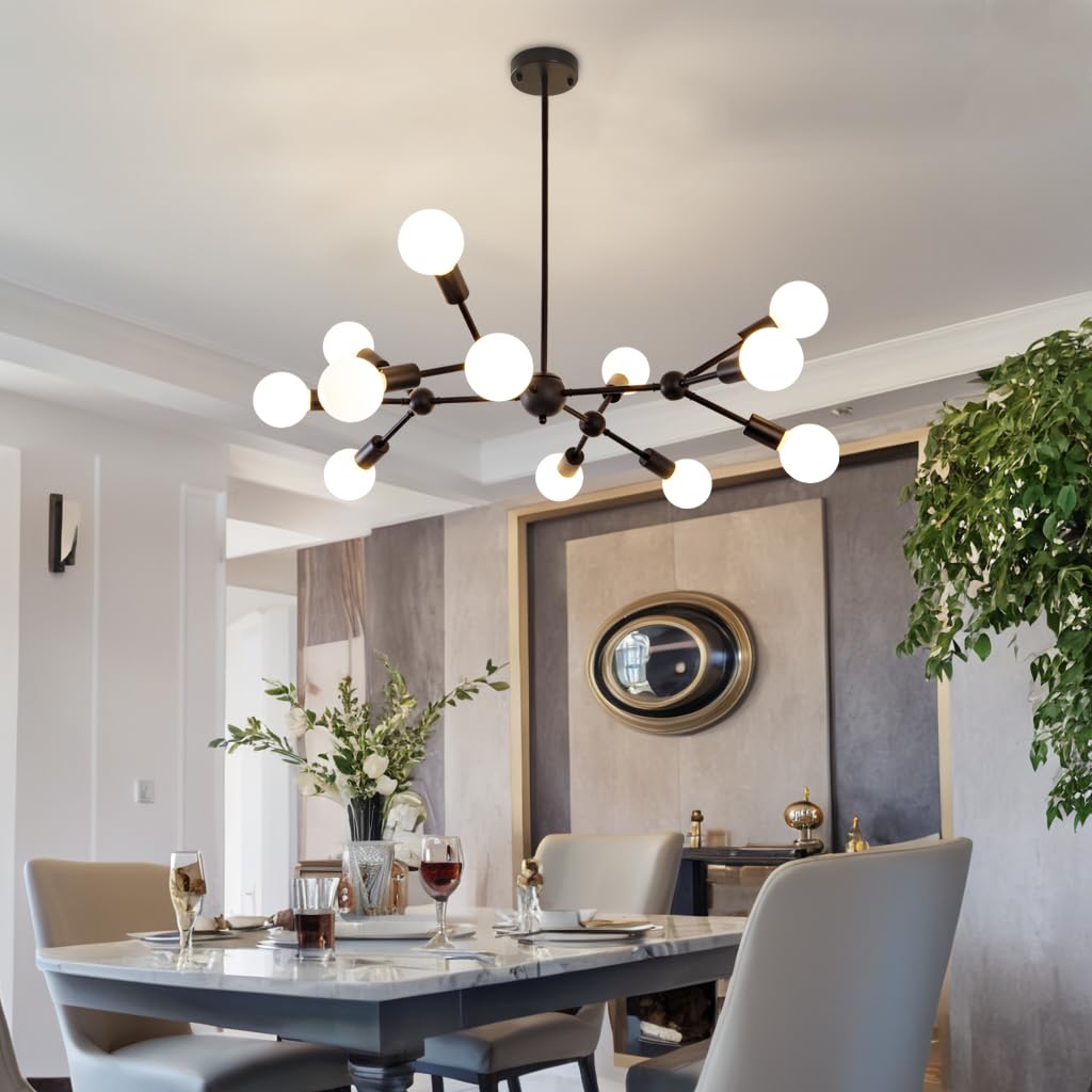 Modern Black Sputnik Chandelier - 12-Light Metal Ceiling Fixture with Pendant Lighting for Bedroom, Living Room, Dining Room | Stylish Mid-Century Lighting for Home & Office Decor