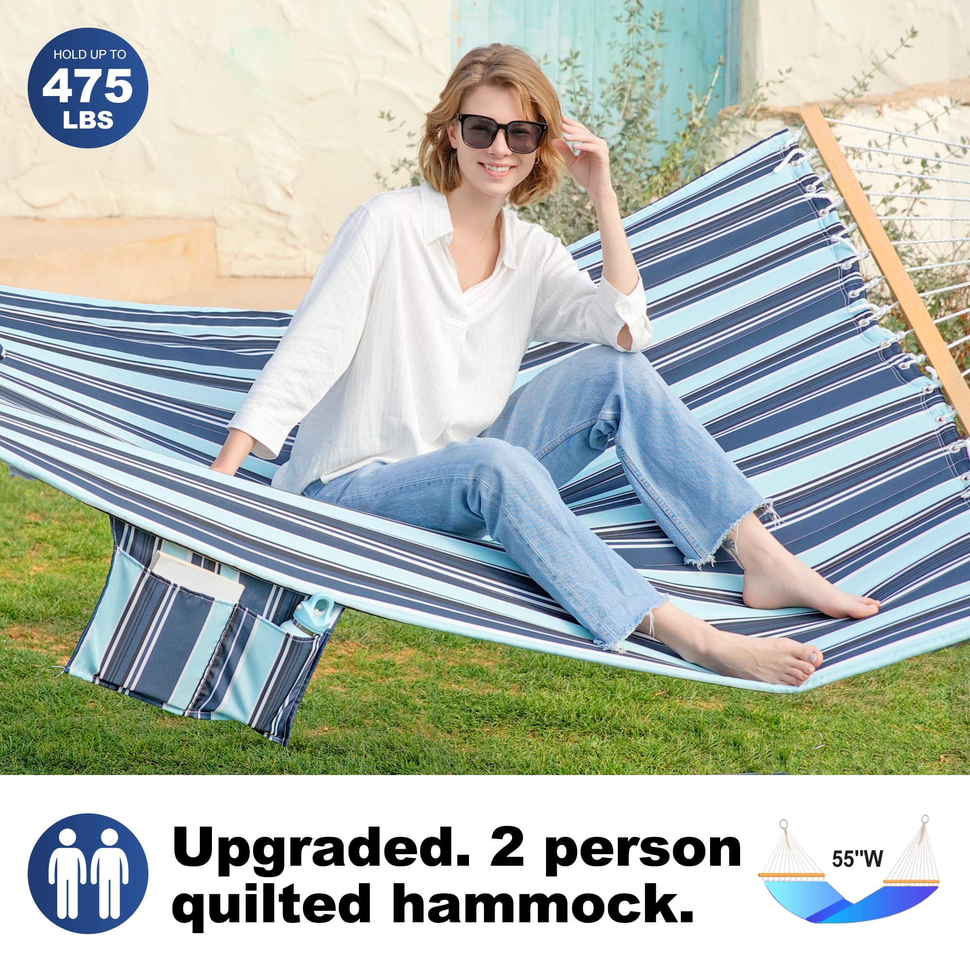 Double Quilted Fabric Hammock with Spreader Bar - 14ft Outdoor Hammock for 2 Persons, Fits 12-14ft Stands, Includes Removable Pillow & Storage Bag, Heavy Duty Carabiners Supports 475lbs (Misty Beach) - Perfect for Backyard Relaxation, Camping Trips & Beach Lounging