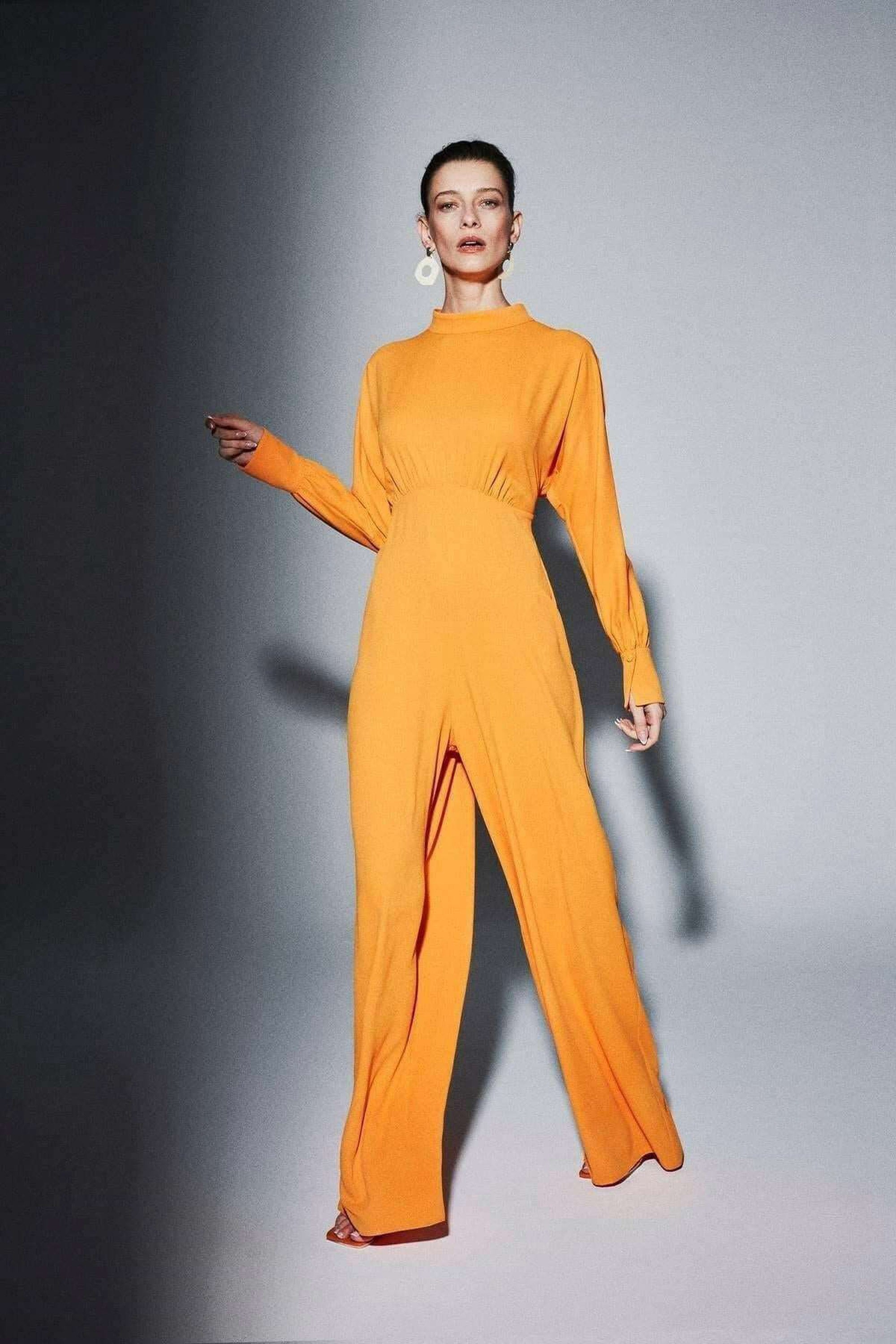Elegant Draped Gathered High Waist Jumpsuit in Orange - Modest Women's Romper for Casual Wear, Parties & Special Occasions