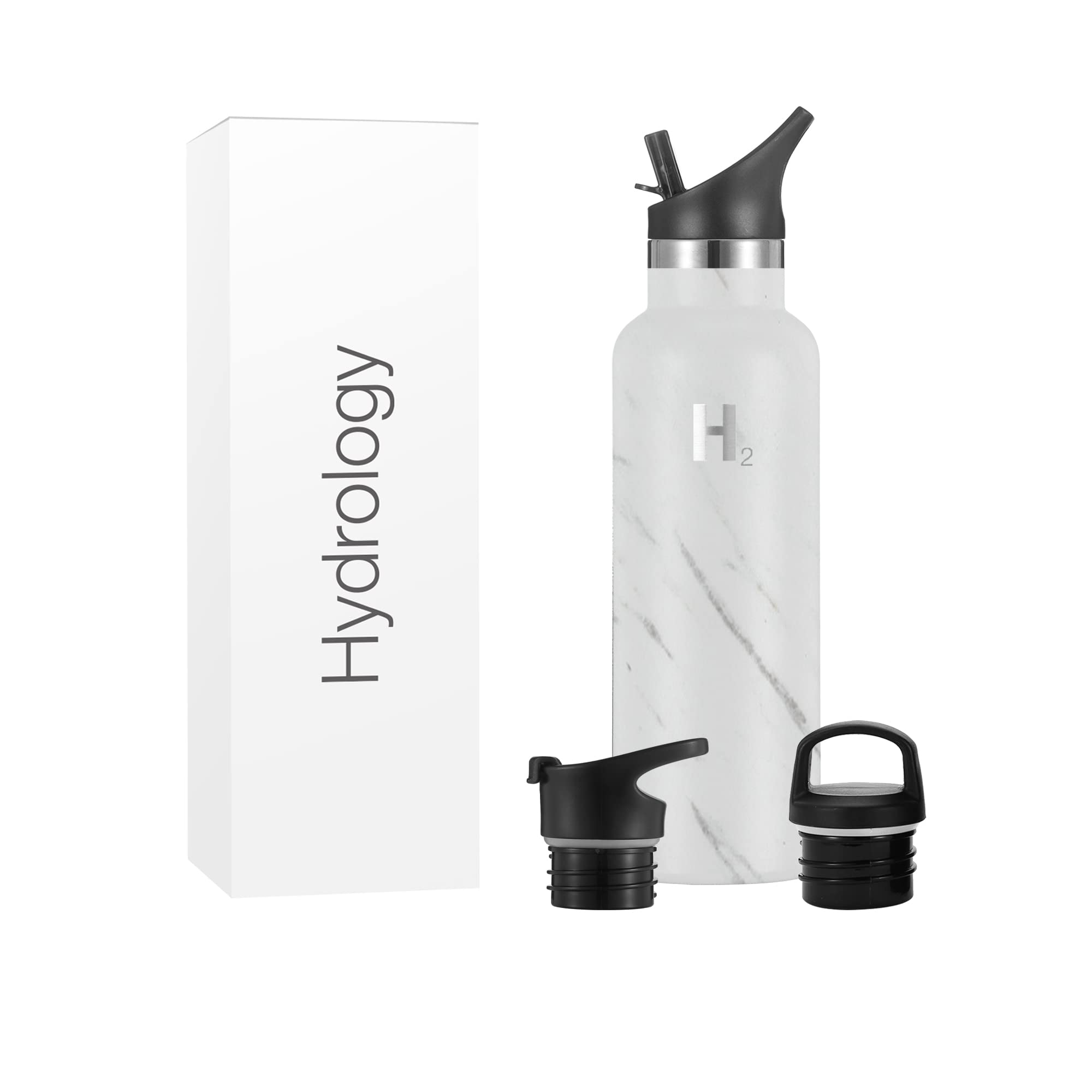 H2 Hydrology Stainless Steel Insulated Water Bottle - 20oz Narrow Mouth Vacuum Flask with 3 Lids for Hot & Cold Drinks - Double Wall Metal Sports Bottle in Marble Design - Perfect for Gym, Hiking, Office & Outdoor Activities