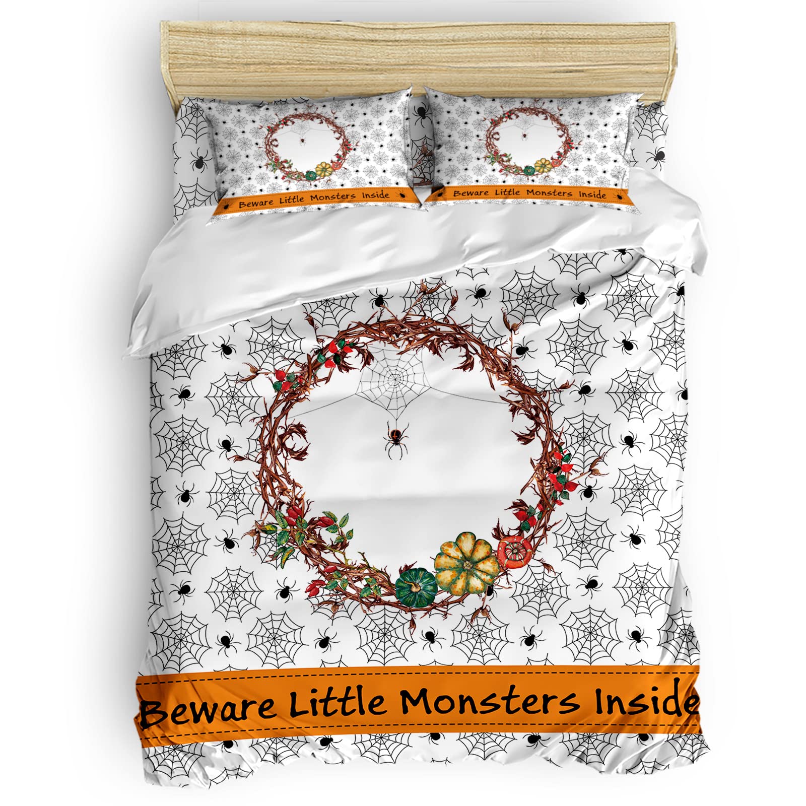4-Piece Beware Little Monsters Duvet Cover Set - Ultra Soft Full Size Bedding with Zipper Closure & Corner Ties - Kids Room Decor, Halloween Bedding, Cozy Nursery Essentials