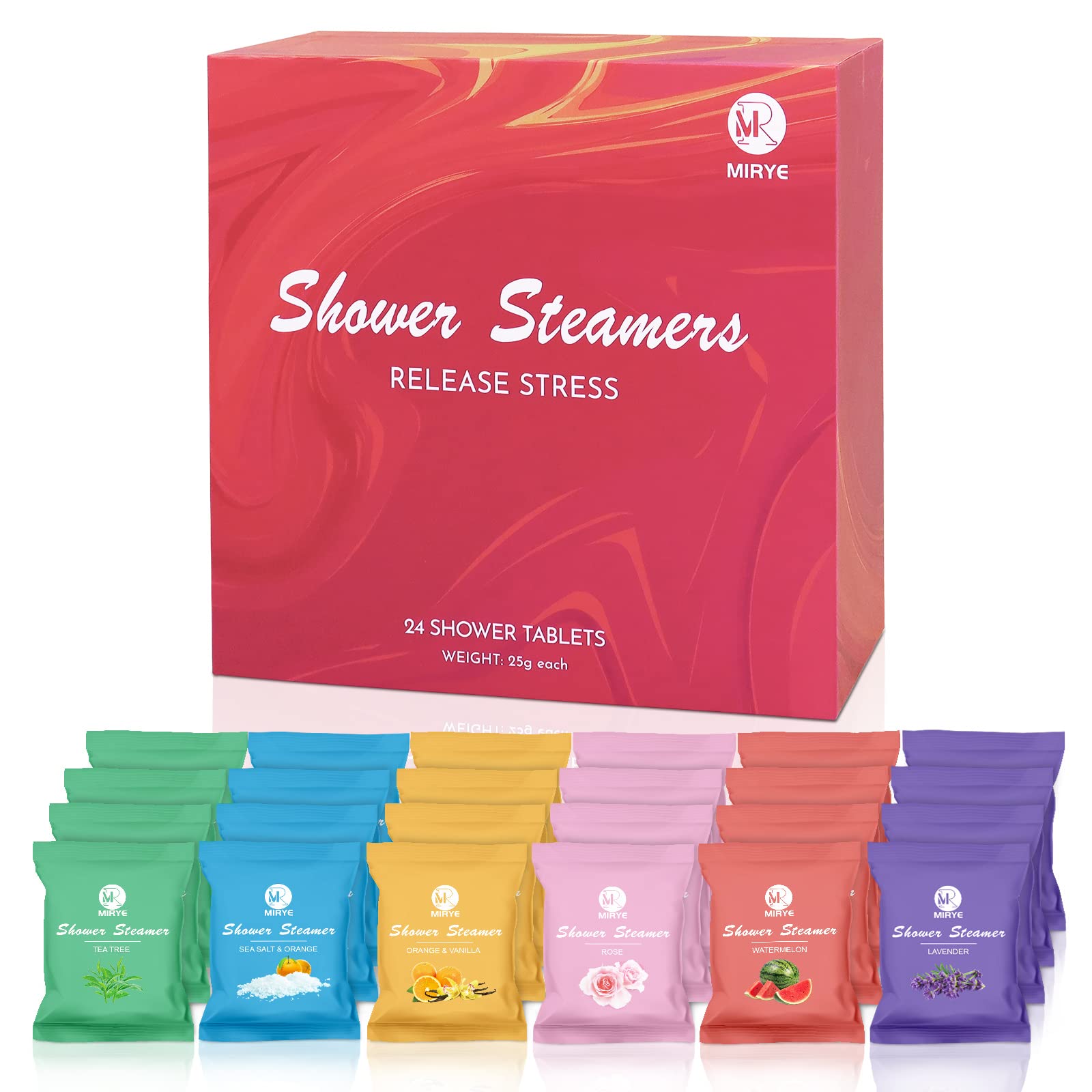 **24-Pack Organic Aromatherapy Shower Steamers for Women & Men - Essential Oil Infused with Rose, Watermelon, Tea Tree, Orange, Vanilla, Sea Salt & Lavender - Relaxing Shower Bombs for Stress Relief, Spa Day & Birthday Gifts**