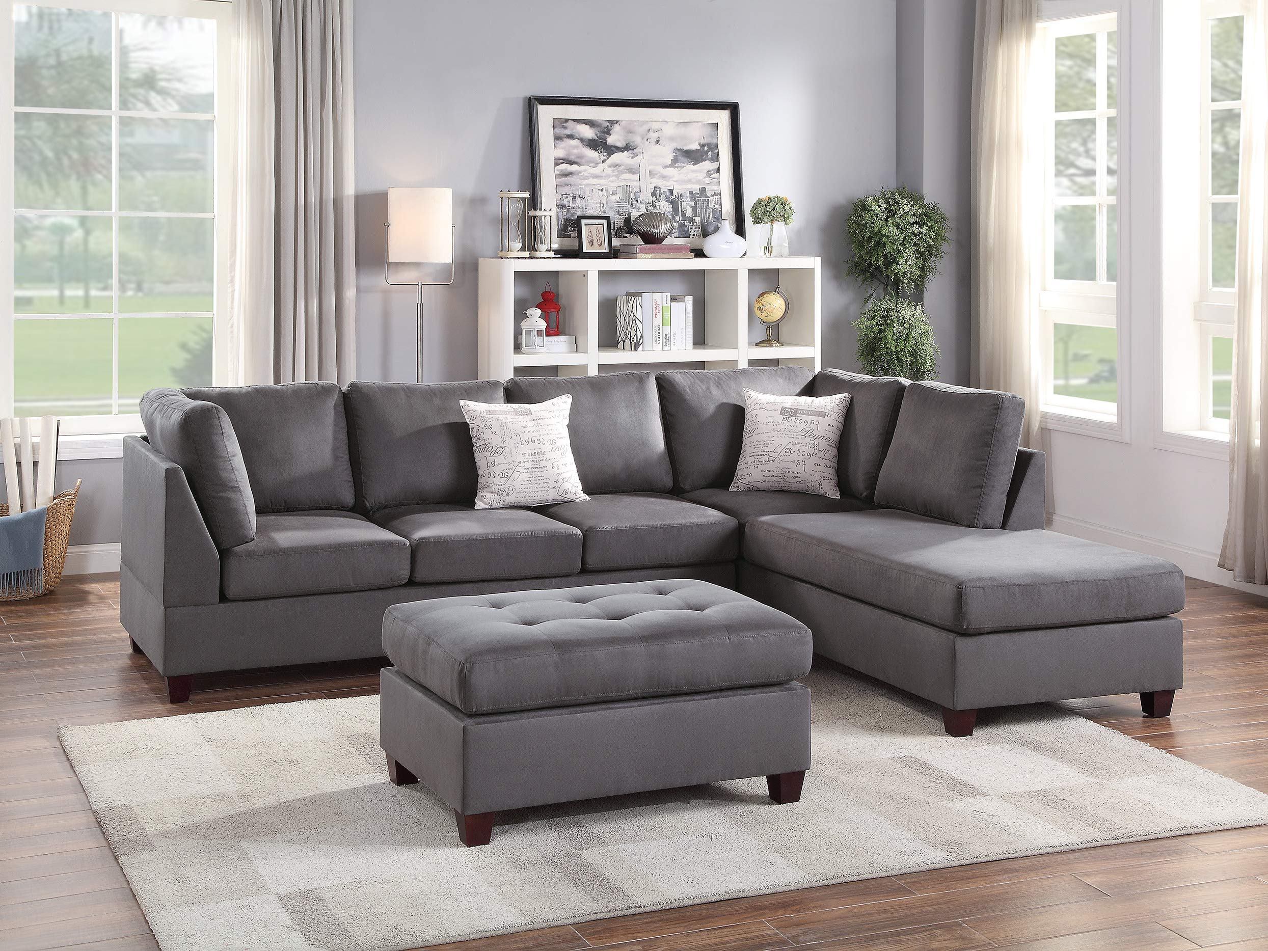 Poundex Grey Sectional Sofa - Modern L-Shaped Couch for Living Room, Family Room & Small Spaces