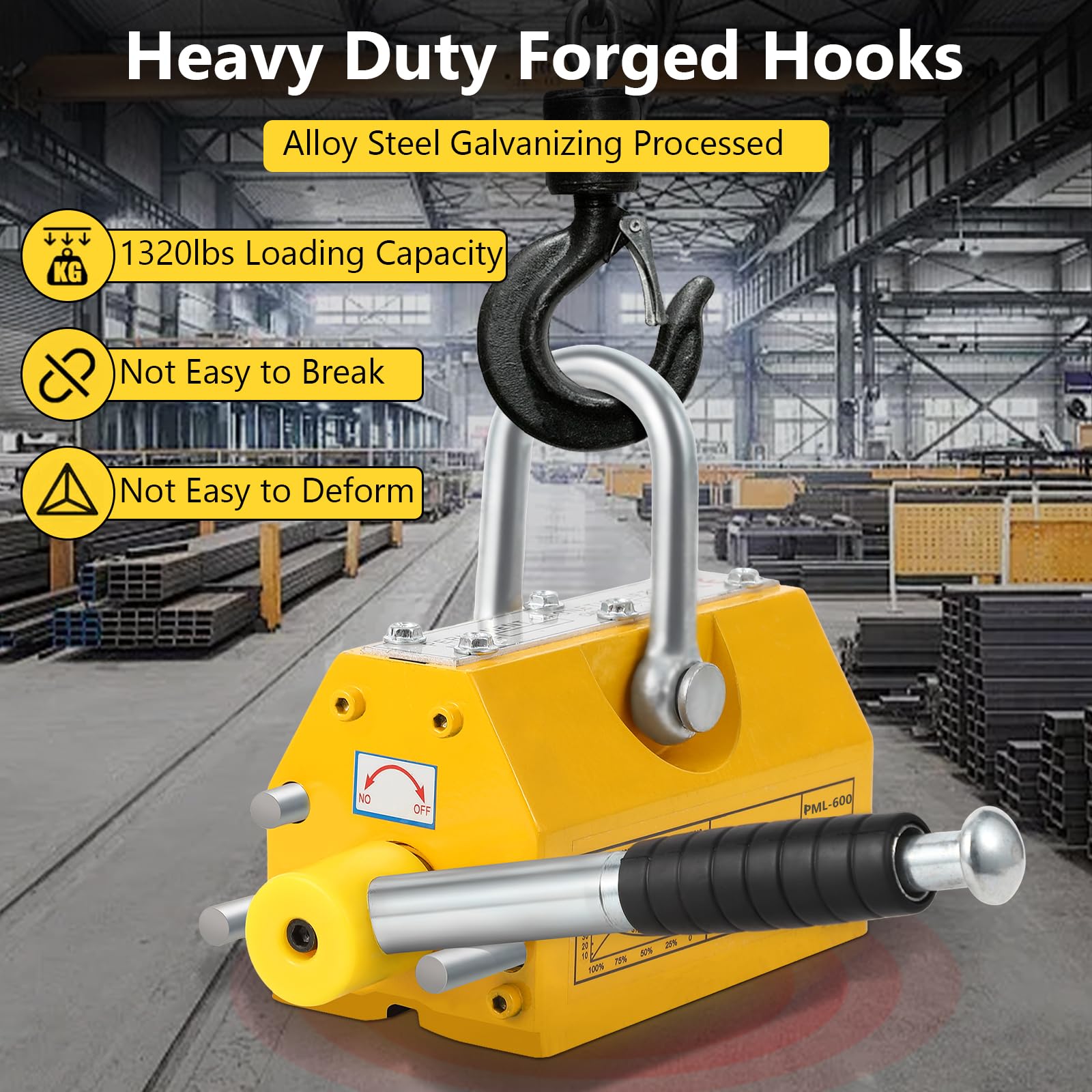 Garvee 1320Lbs Heavy Duty Magnetic Lifter - Permanent Lifting Magnet for Steel Plates, Boards & Round Bars with 2.5 Safety Factor | Ideal for Construction, Manufacturing & Metalworking (Updated Version)