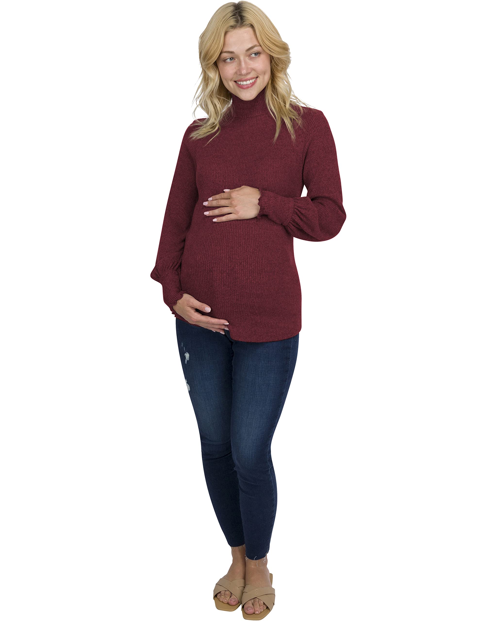 Ultra-Soft Lettuce Mock-Neck Maternity Top with Bell Long Sleeves - Comfortable Maternity Turtleneck Sweater for Pregnancy - Perfect for Work, Casual Outfits and Nursing