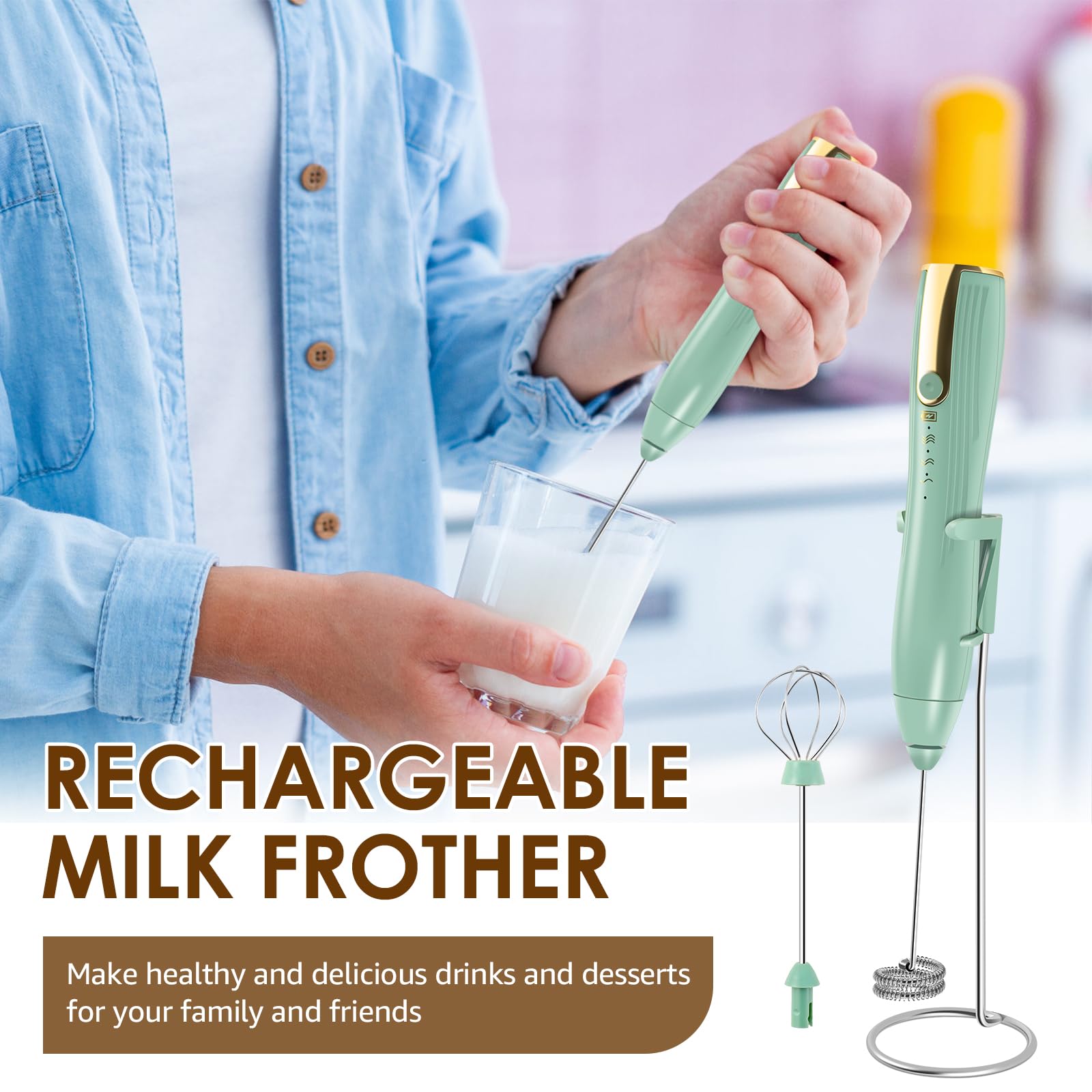 Premium Rechargeable Electric Milk Frother - Handheld Whisk Drink Mixer for Coffee, Latte, Cappuccino, Frappe & Matcha | Powerful Foam Maker & Hand Blender | Perfect for Home, Office & Cafe Use