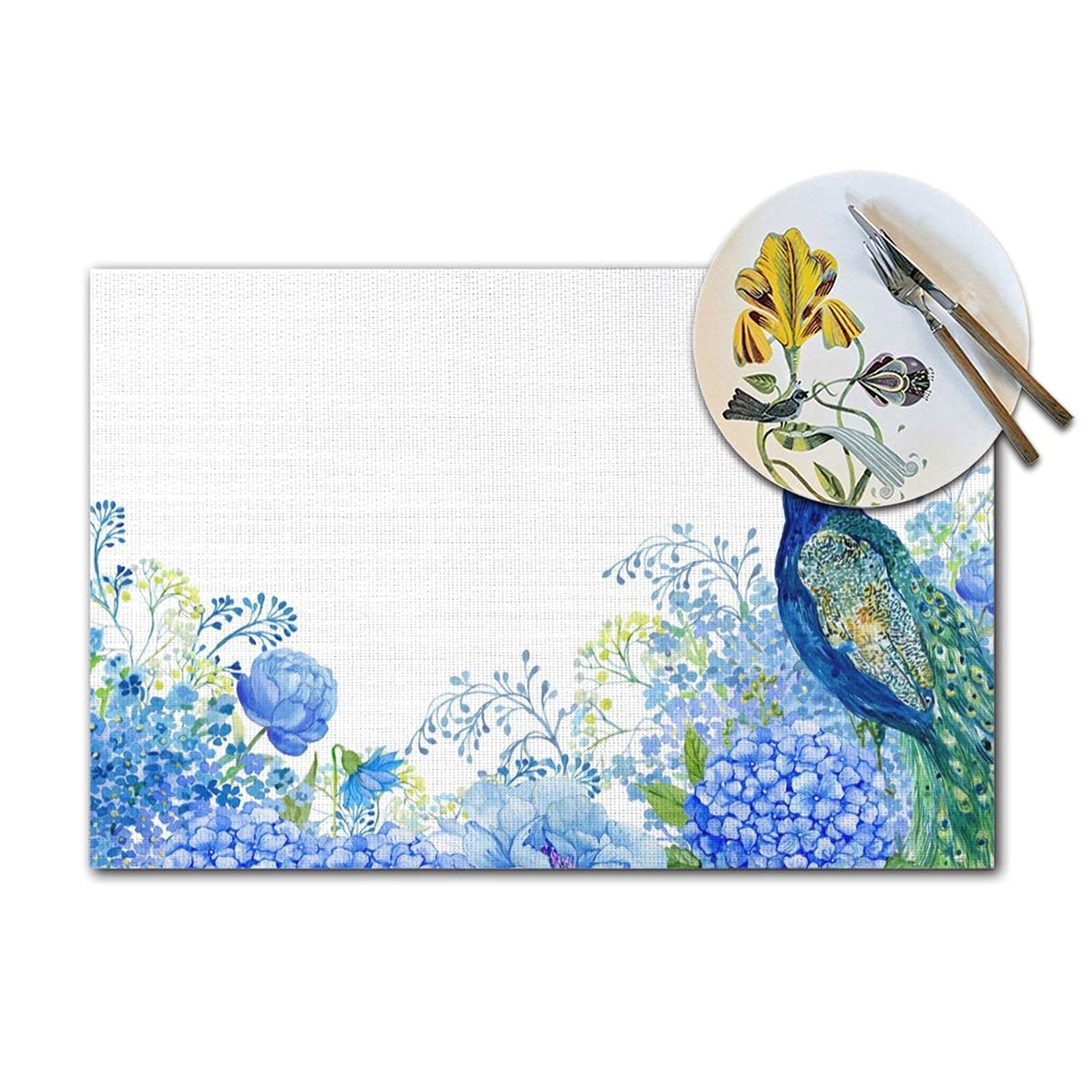 Peacock Print Placemats Set of 4 - Heatproof & Non-Slip Vinyl Table Mats for Kitchen & Dining - Washable & Durable Woven Place Settings - Perfect for Everyday Meals, Dinner Parties & Holiday Decor