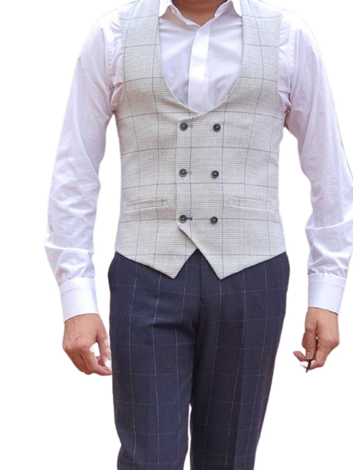 Cavani Light Grey Check Radika Waistcoat for Men - Stylish Slim Fit Vest for Business, Wedding & Formal Events