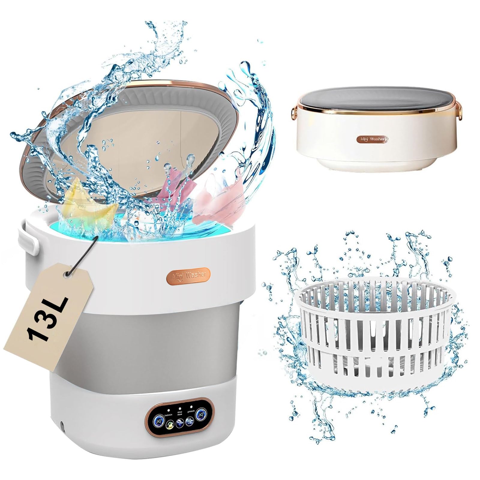 Portable Mini Washing Machine 13L with Spin Basket - Foldable Travel Washer for Underwear, Baby Clothes & Socks - Perfect for Camping, Dorms, Apartments & RV Life - Compact Laundry Solution for Small Spaces