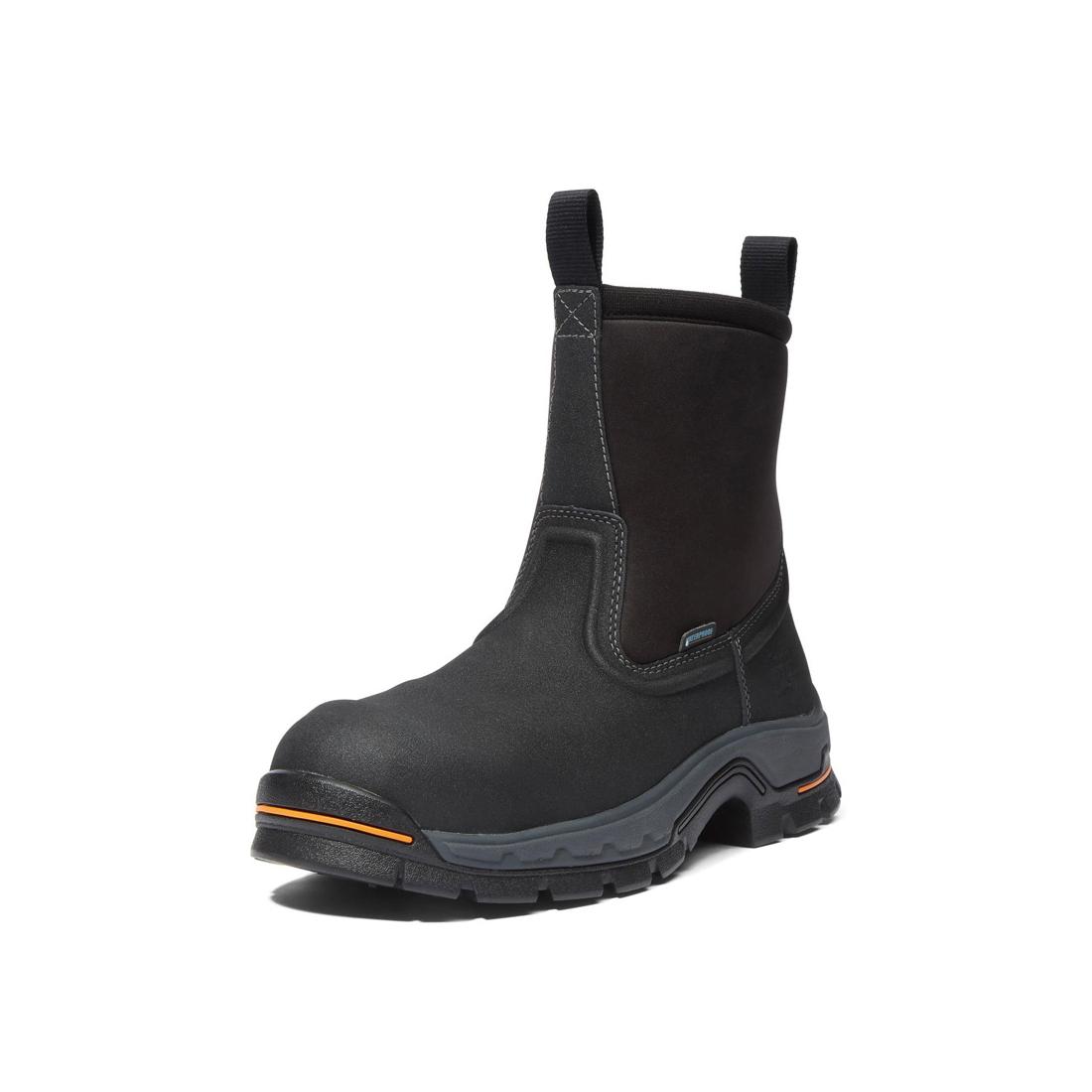 Stockdale Alloy Toe Waterproof Pull-On Work Boots for Men - Slip Resistant Black Safety Shoes for Construction, Warehouse & Outdoor Work