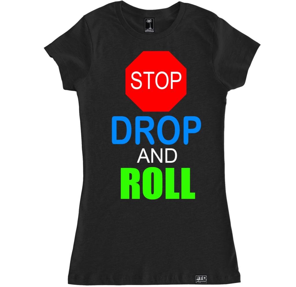 FTD Apparel Women's Funny Stop Drop and Roll Graphic Tee - Comfortable Cotton T-Shirt for Casual Wear, Workout & Everyday Outfits