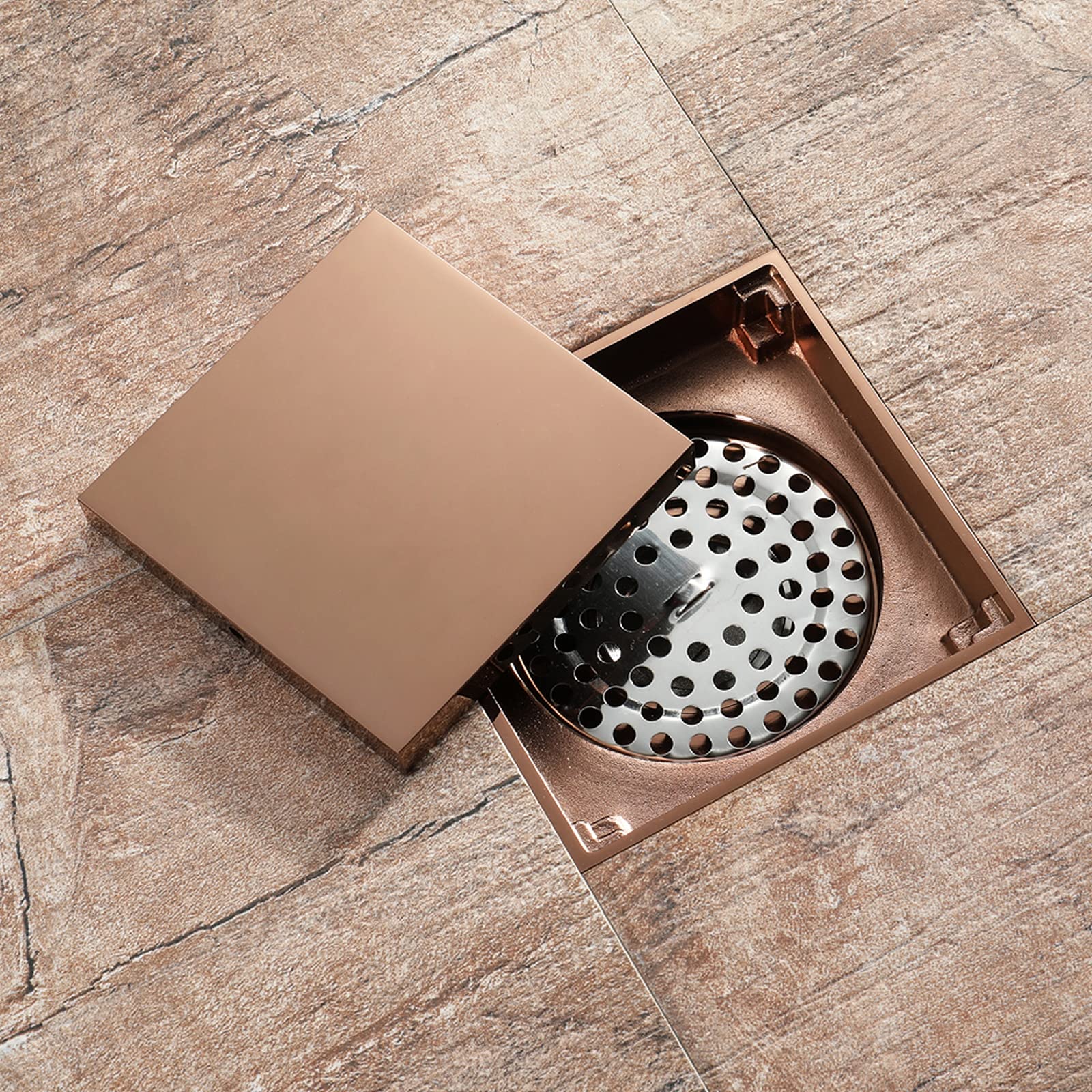 4 Inch Rose Gold Brass Square Shower Drain with Removable Cover - Bathroom Floor Drain for Showers & Wet Rooms - Elegant Waste Water Drainage Solution for Modern Homes