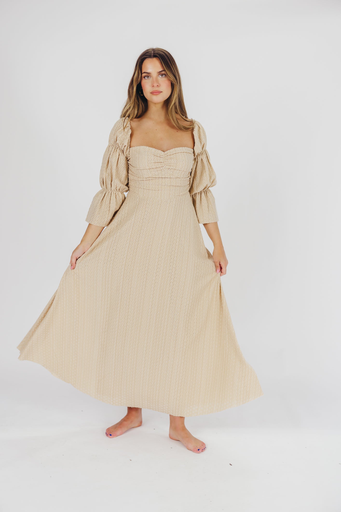 Corrine Tiered Sleeve Maxi Dress with Pockets - Bump Friendly Maternity Dress in Beige | Perfect for Pregnancy, Nursing, and Special Occasions