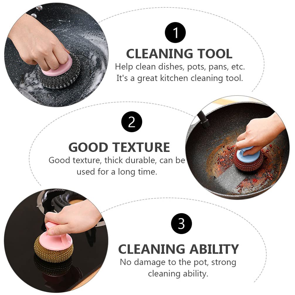 8-Pack Cabilock Stainless Steel Scrubber Balls with Plastic Handle - Heavy Duty Dish Scrubber for Pots, Pans & Cookware - Kitchen Cleaning Brush for Tough Stains, Burnt Food & Grease (Perfect for Grill Grates, Oven Racks & Baking Sheets)