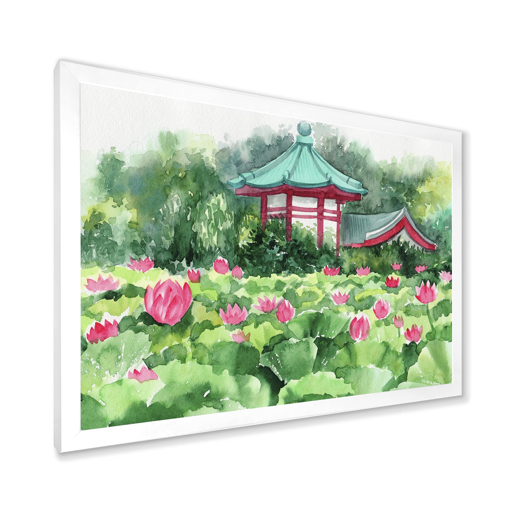 DesignQ Lotus Lake and Pagoda Traditional Asian Framed Wall Art - Perfect for Home Decor, Living Room, Bedroom & Office