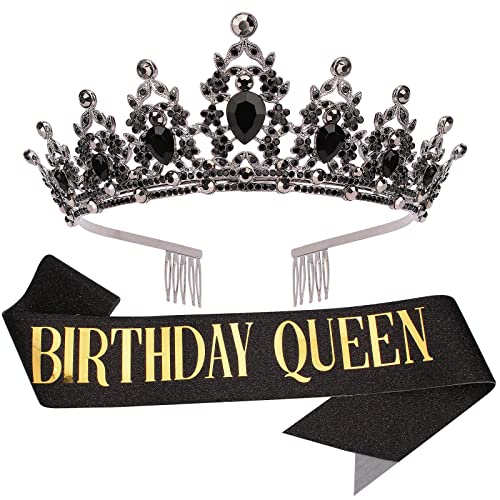 Birthday Queen Sash & Crystal Tiara Set for Women - Rhinestone Crown with Comb & Gold Satin Sash - Glitter Hair Accessories for Prom, Bachelorette Party, Cake Topper & Special Occasions (Black Tiara & Gold Sash)