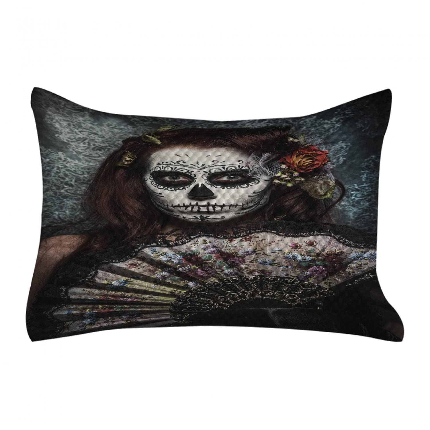 Ambesonne Day of The Dead Quilted Pillow Cover - Makeup Artist Girl Skull with Roses Art Print, Standard King Size Decorative Pillow Case (36x20 Inches) - Cadet Blue & Maroon for Gothic Home Decor, Halloween Bedroom Accent, or Dia de Los Muertos Celebration