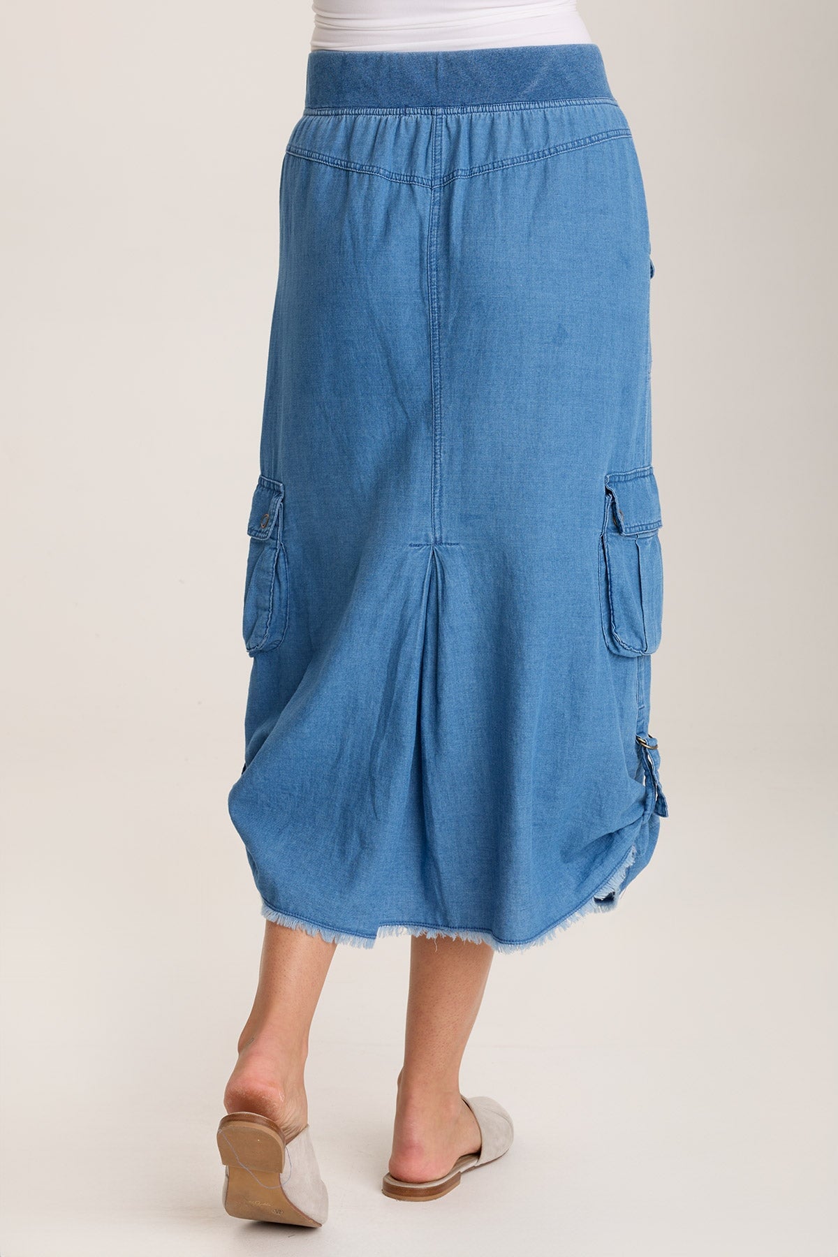 Chesney Mock Denim Cargo Midi Skirt for Women - Vintage Style Stretch Denim Skirt with Pockets | Perfect for Casual Outfits, Streetwear & Boho Fashion