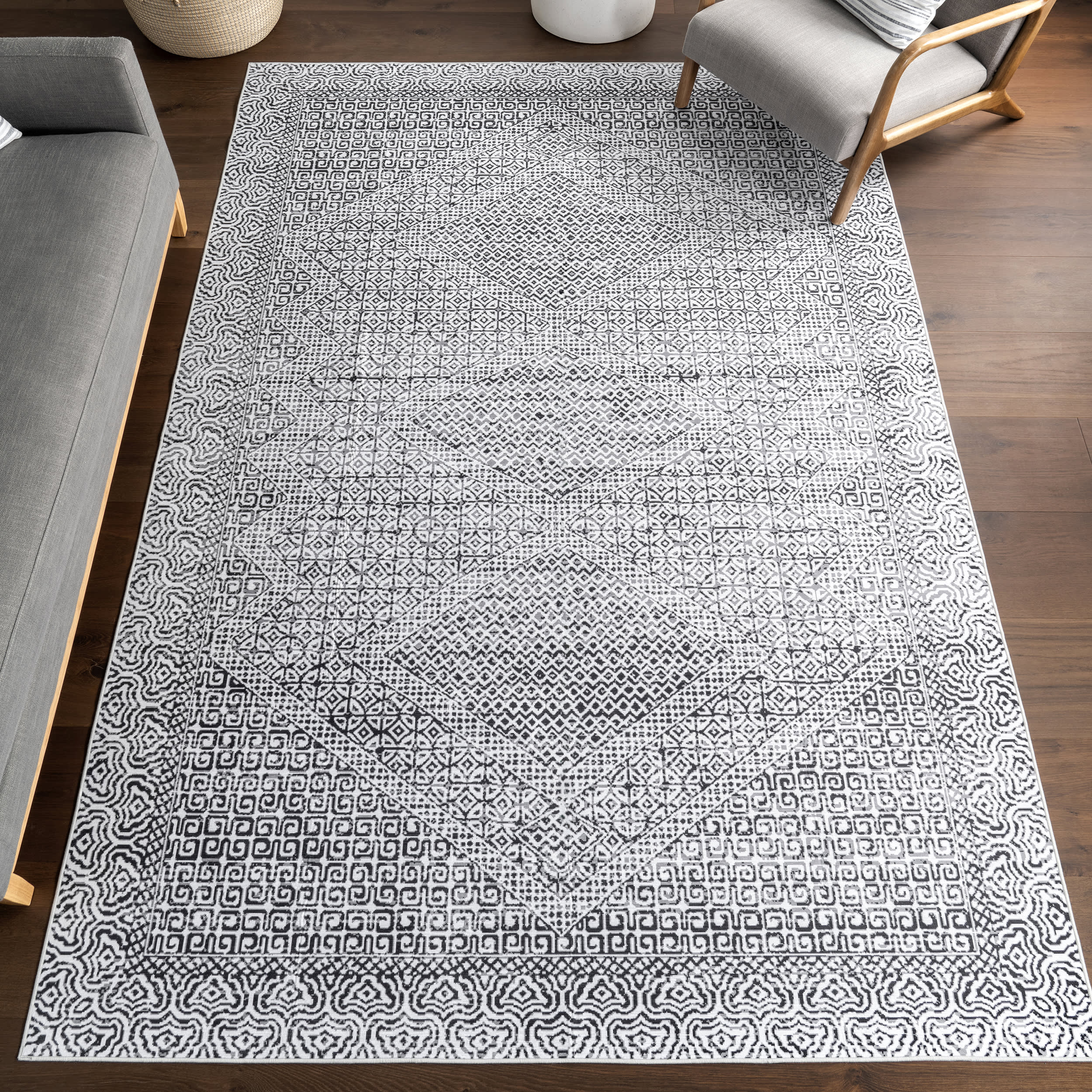 Diamond Mosaic Spill Proof Washable Rug - Non-Slip Grey Area Rug for Living Room, Bedroom & Kitchen | Waterproof & Stain Resistant Floor Mat for Home Decor