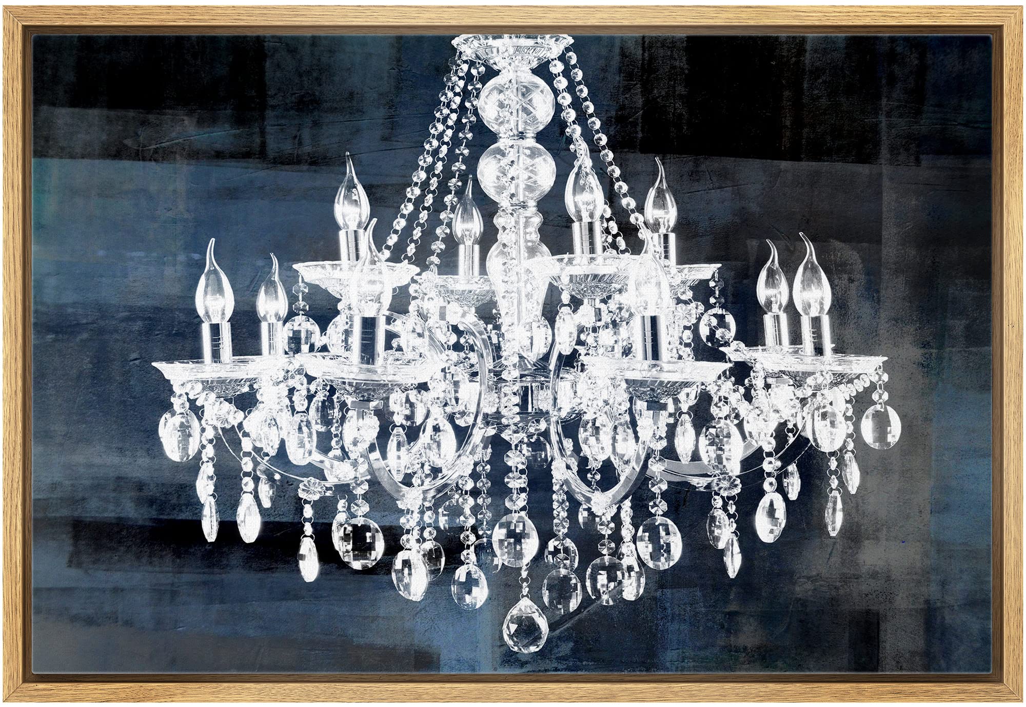 Wall26 Framed Canvas Print - White Chandelier Silhouette on Blue Background Modern Wall Art, Digital Art for Living Room, Bedroom, Office Decor | 24x36 Inches Natural Wood Frame | Perfect for Relaxing Spaces & Chic Home Décor
