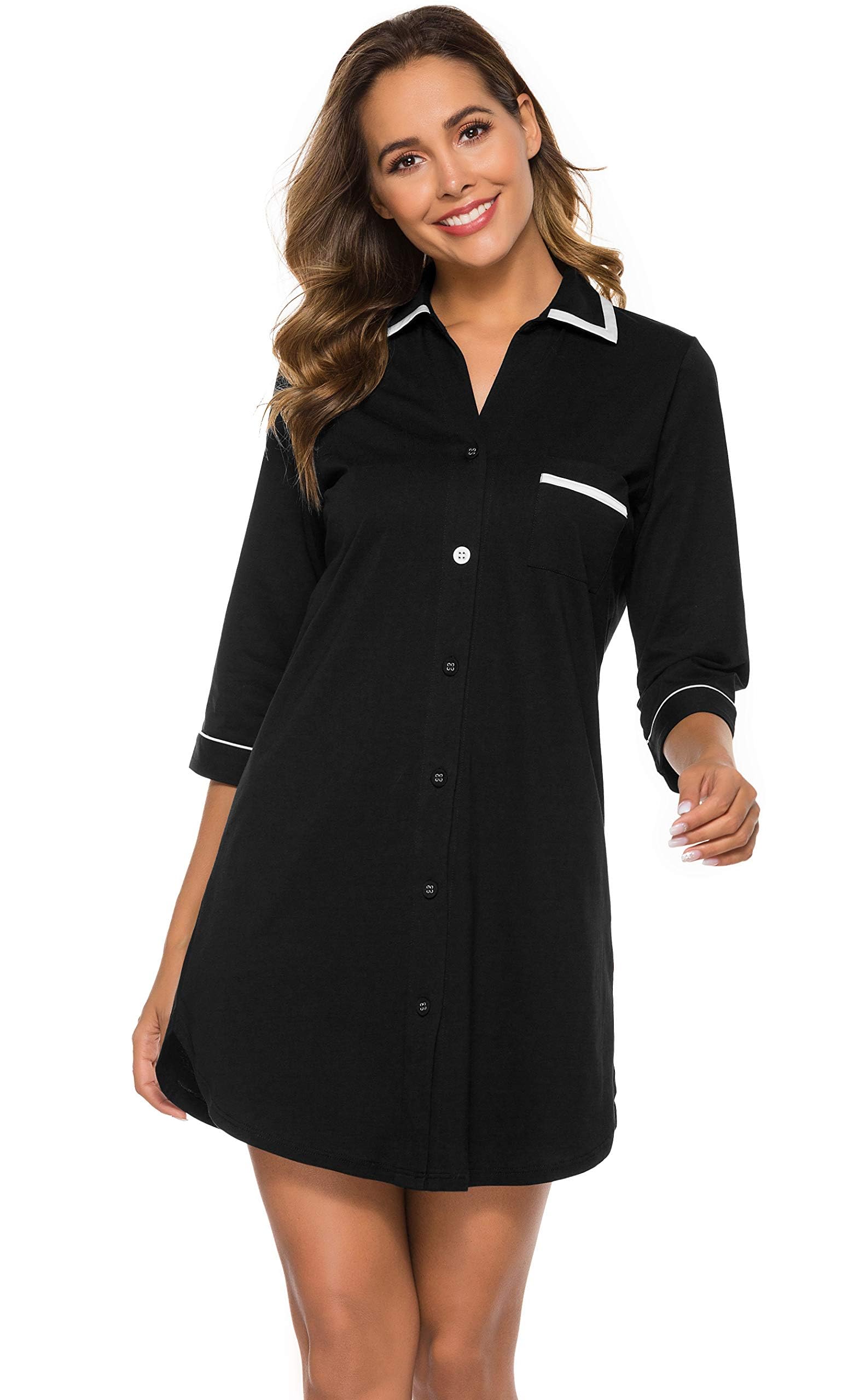 COLORFULLEAF 100% Cotton Women's Nightgown - 3/4 Sleeve Button Down Sleep Shirt, Soft Sleepwear Night Dress (Sizes S-XXL) for Comfortable Sleep & Lounge Wear at Home
